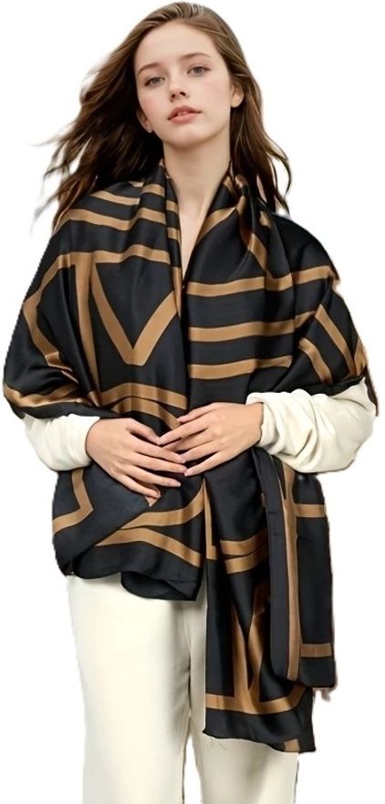 Self Design, Solid, Woven Satin Blend Women Black, Brown Stole-image-6
