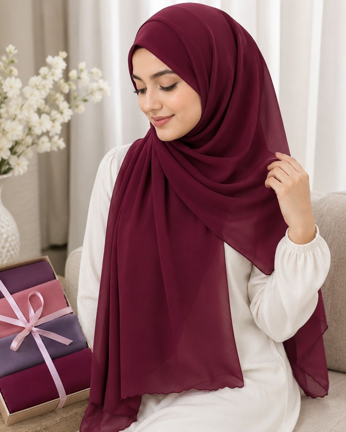 velixa store Solid Chiffon Women Maroon Fancy Scarf-picture-29