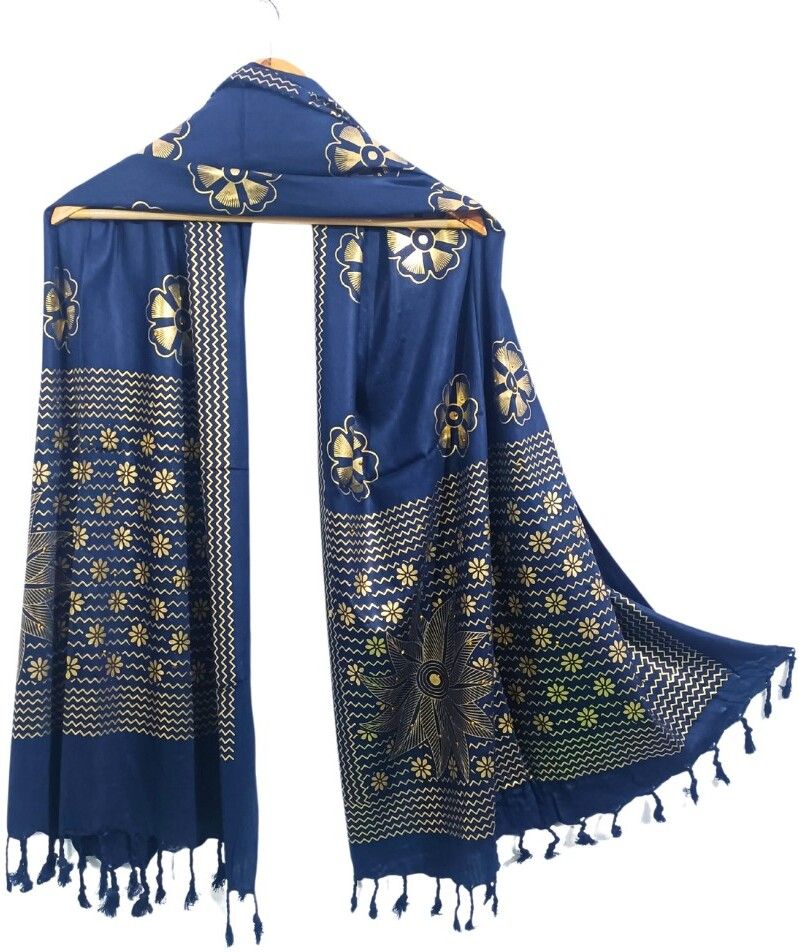 Printed, Geometric Print, Floral Print, Embellished Rayon Women Blue Fancy Scarf, Scarf, Stole-image-41