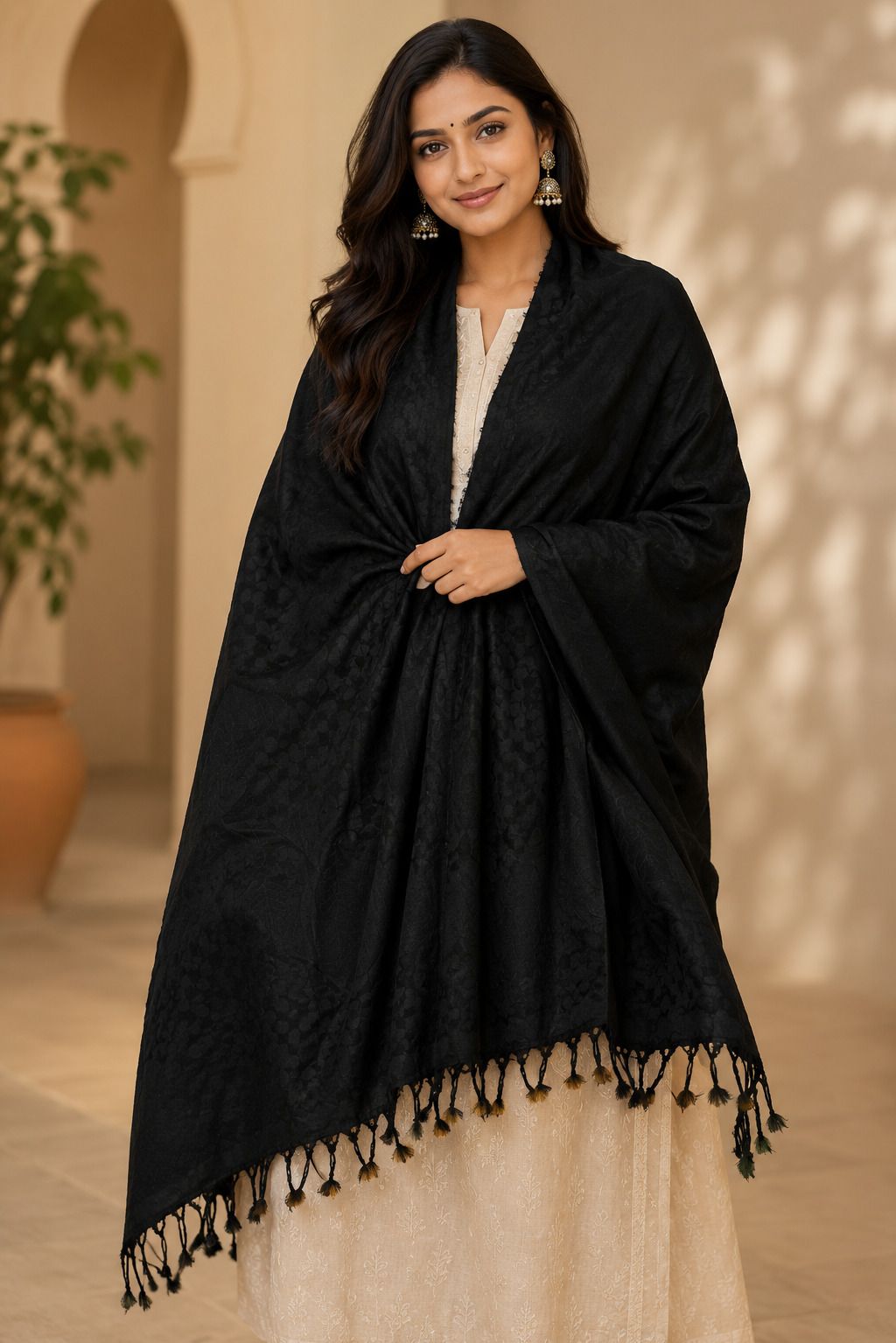 mfacreations Floral Print, Self Design Rayon, Viscose Women Black Stole-picture-10