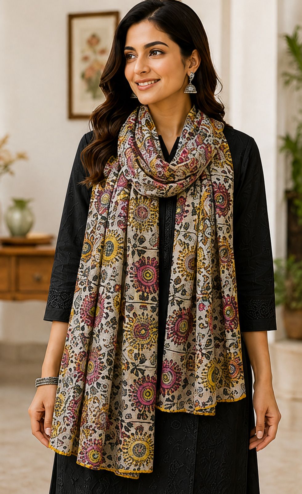 ub store Floral Print, Printed Pure Cotton Women Beige Fancy Scarf, Scarf, Stole-picture-43