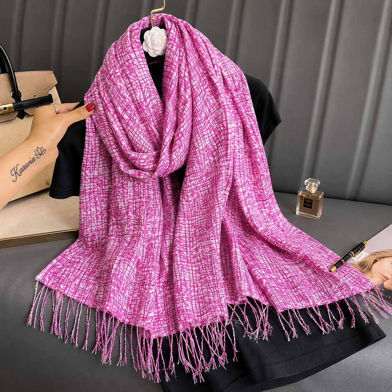 Printed, Geometric Print, Checkered Viscose Women Pink Fancy Scarf, Scarf, Stole, Faux Turtleneck Neck Cover-image-25