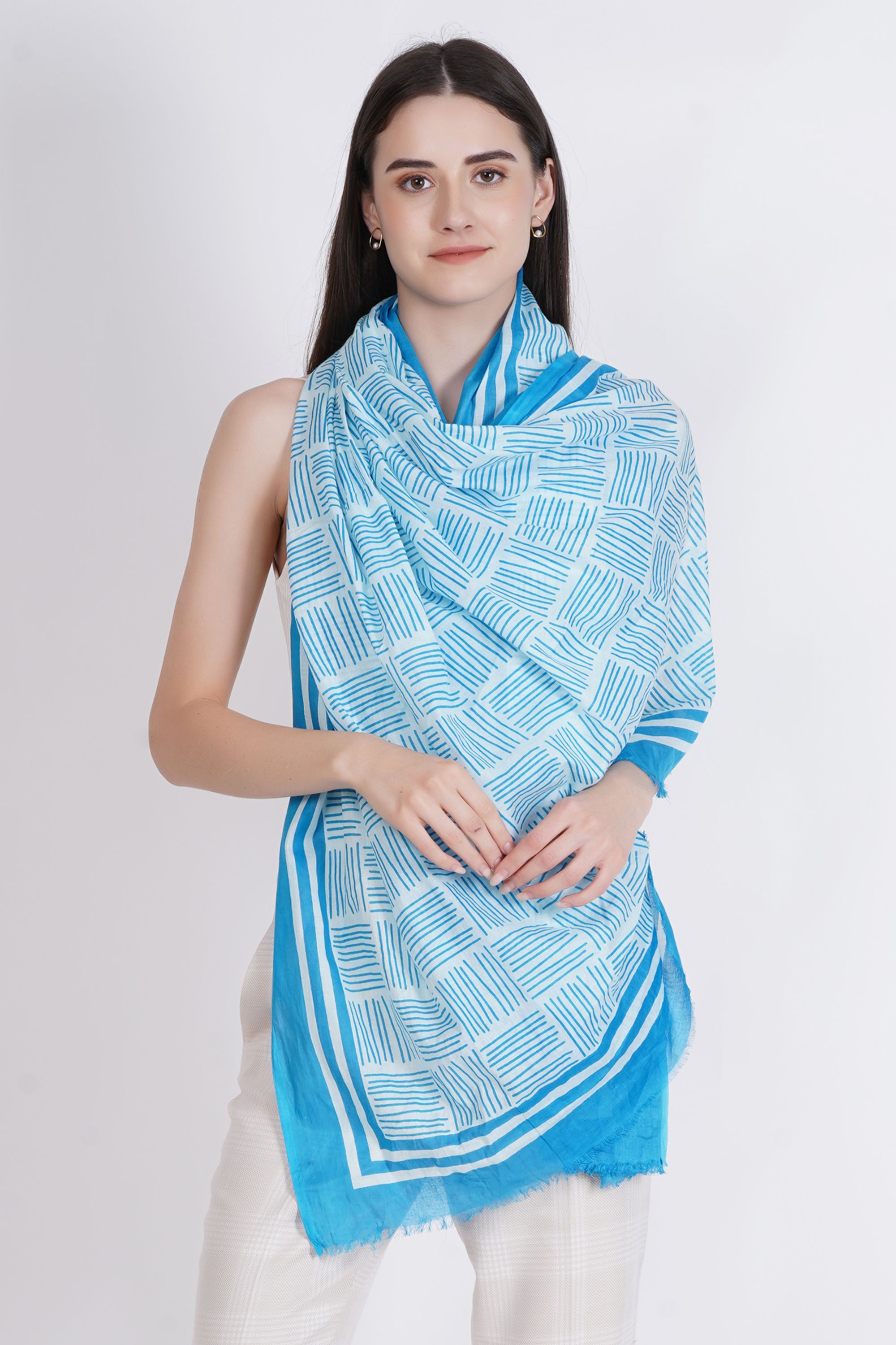 Geometric Print Pure Cotton Women Light Blue Fancy Scarf, Stole-image-12
