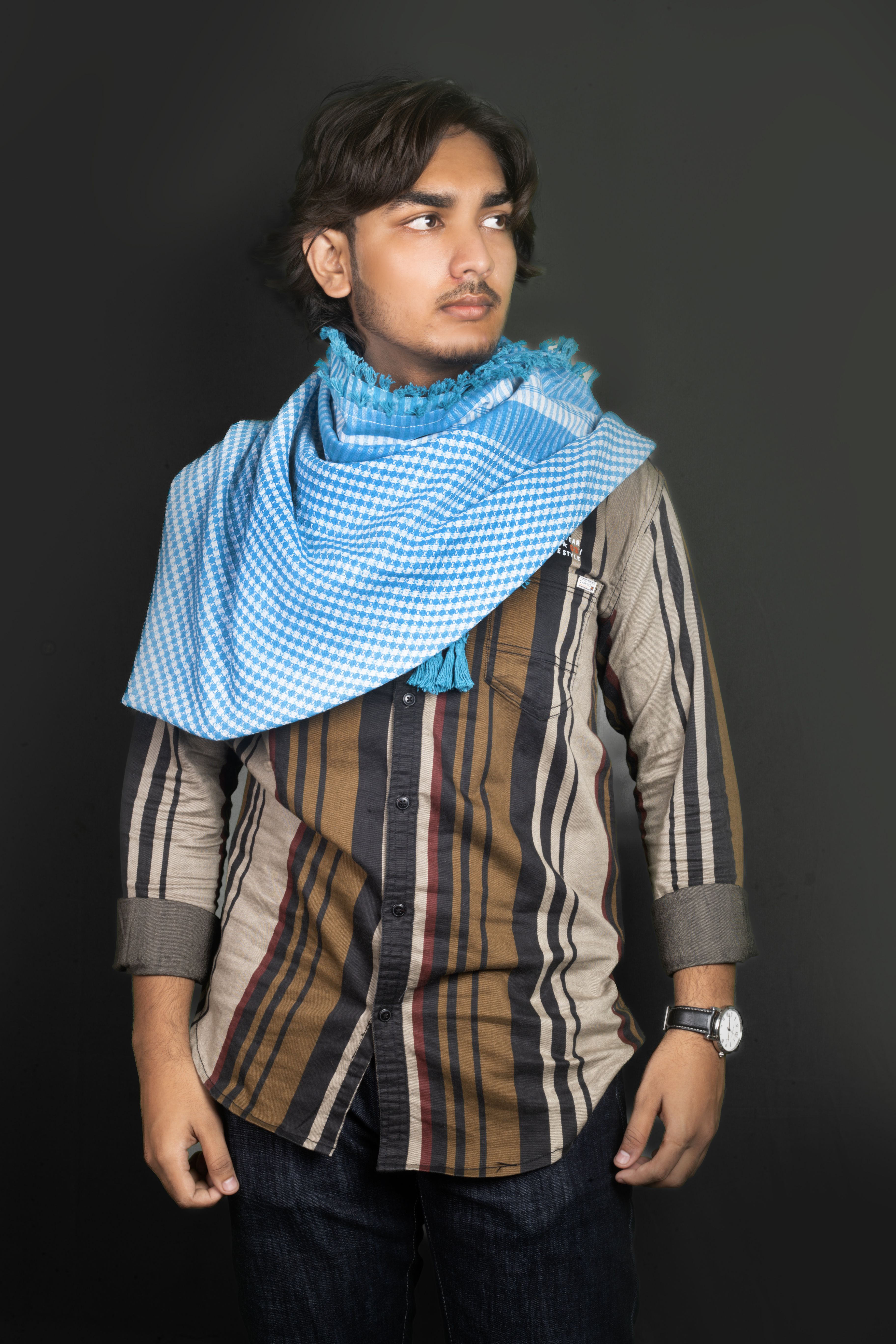 Checkered Cotton Blend Men Light Blue Scarf