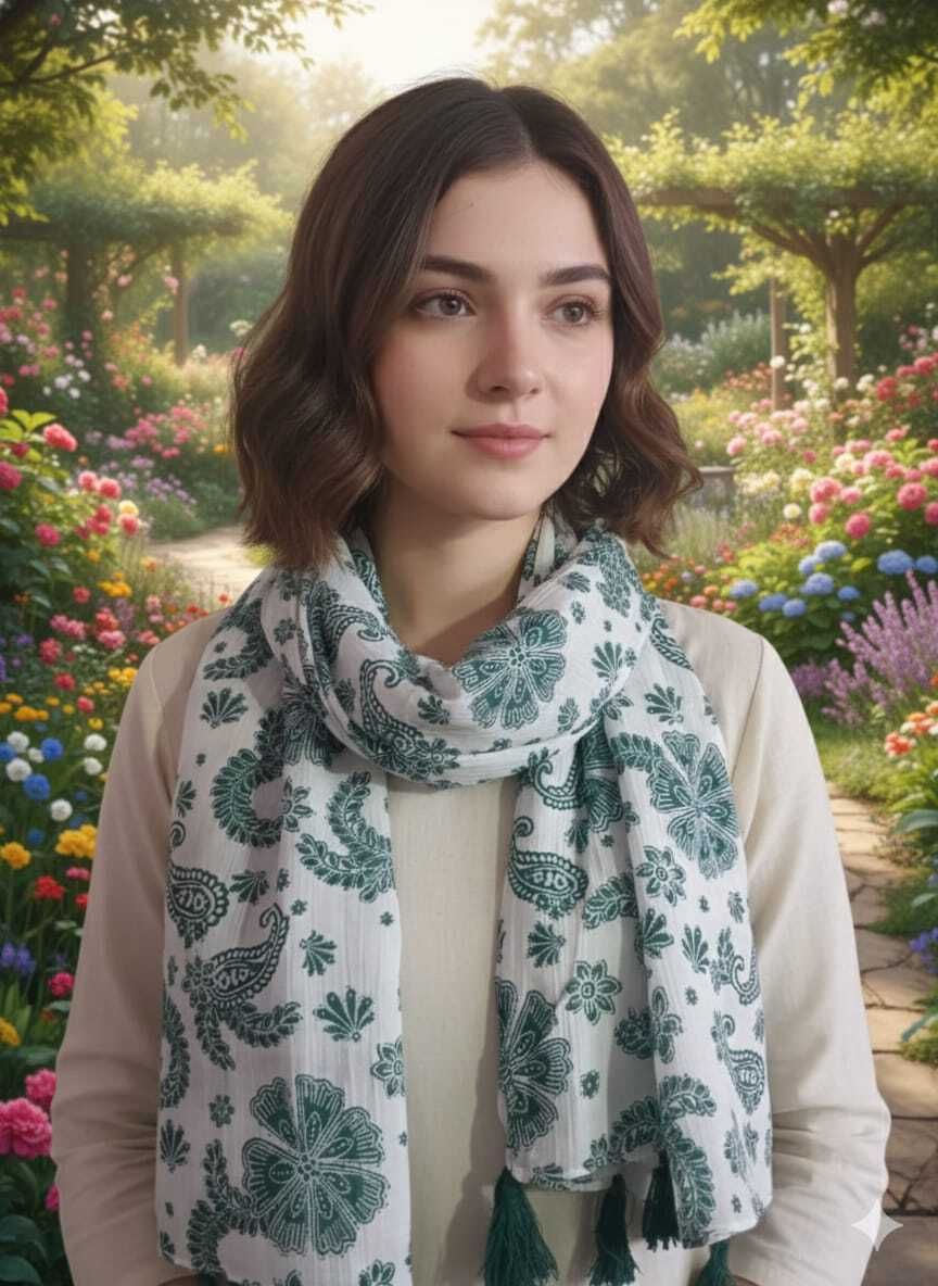 Printed Pure Cotton Women White, Dark Green Stole, Scarf