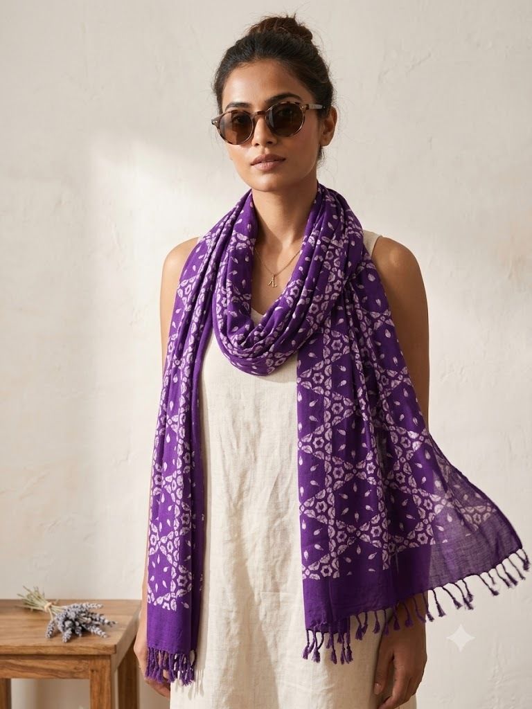 Floral Print Rayon Women Purple, White Scarf, Stole, Fancy Scarf-image-18