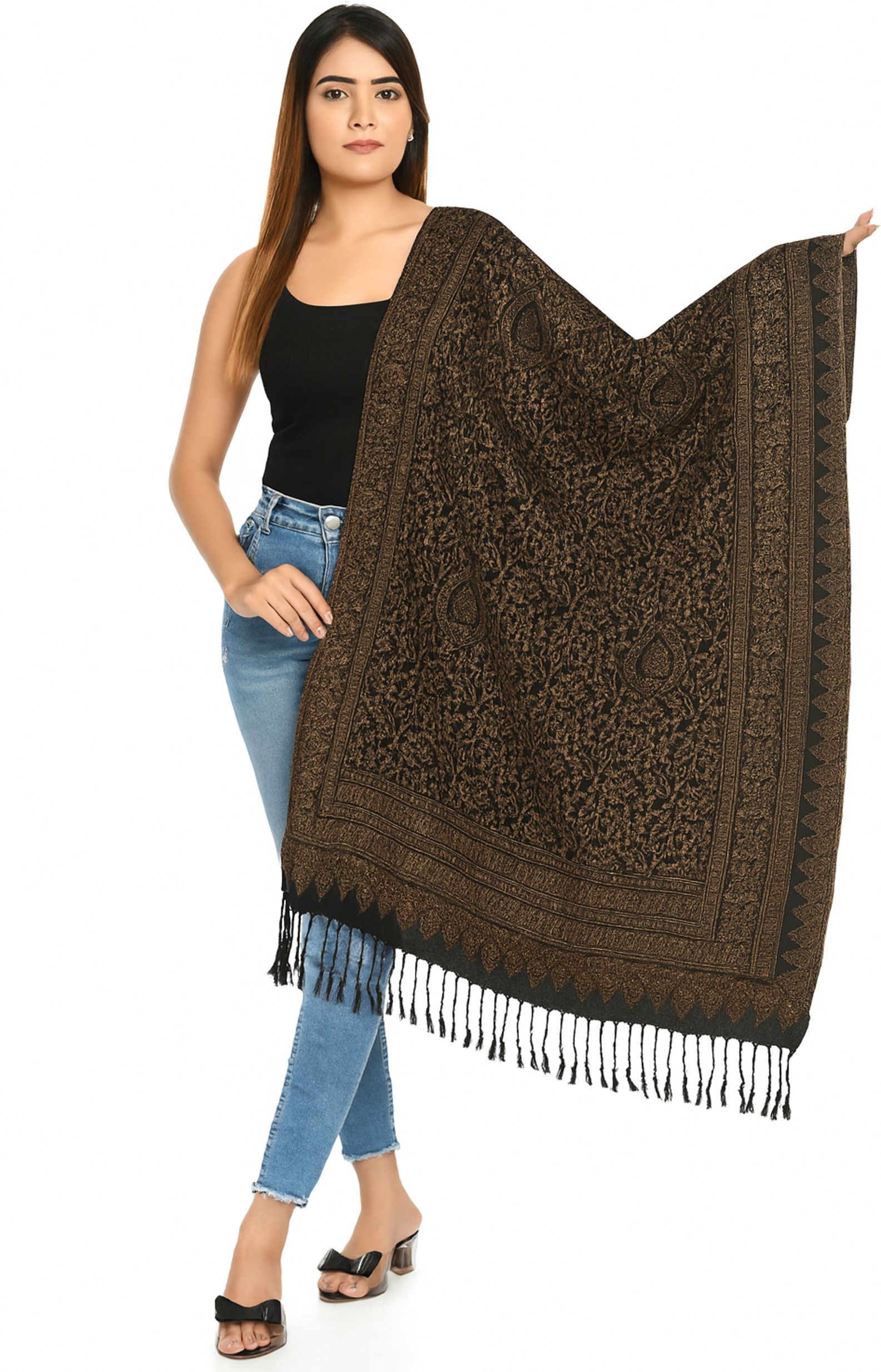 Printed Wool Blend Women Black Stole-image-6