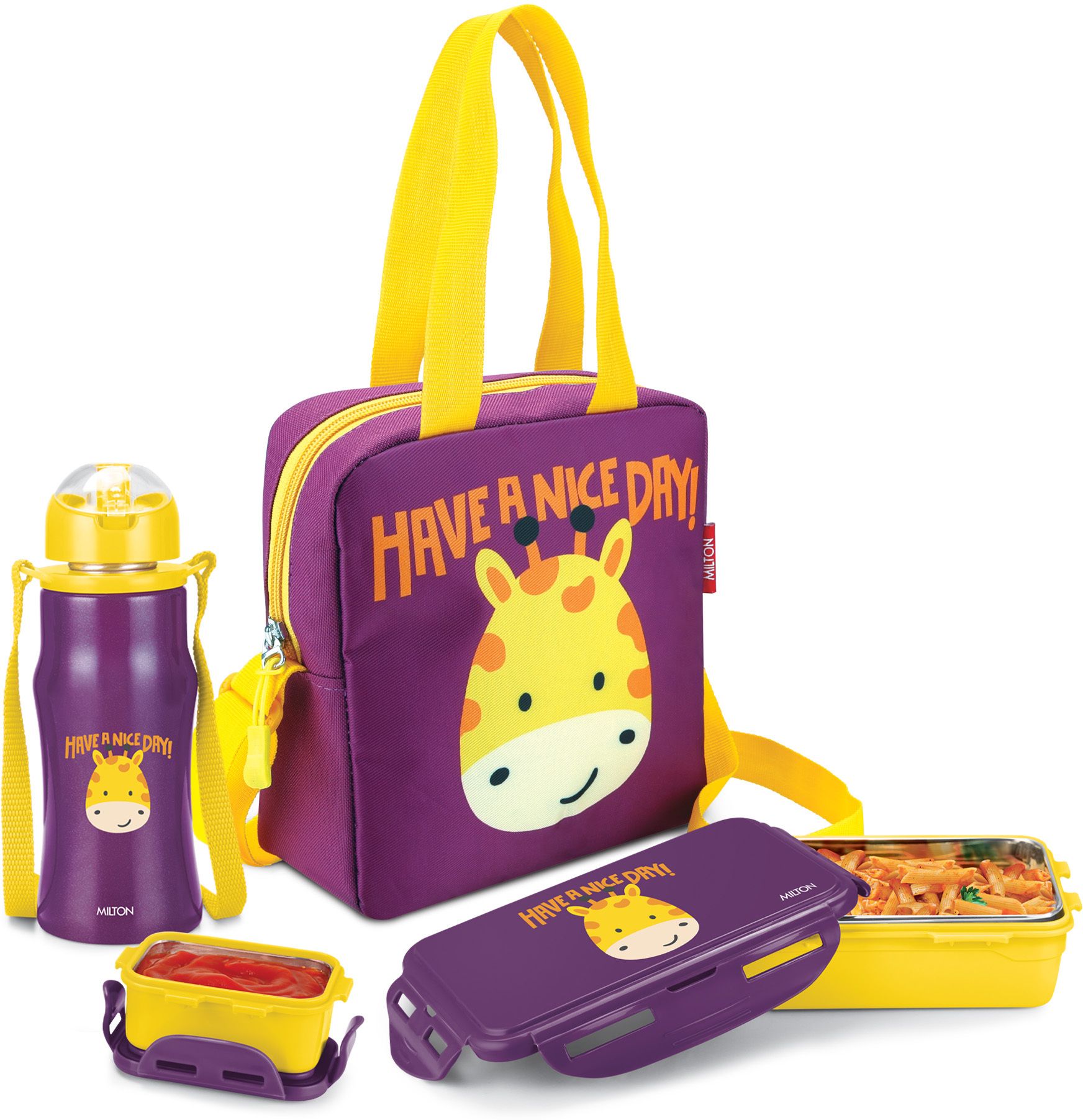 Milton Kidz Combo Tiffin (2 Containers 650 ml;1 Bottle415 ml) With Jacket,Purple School Set-picture-26