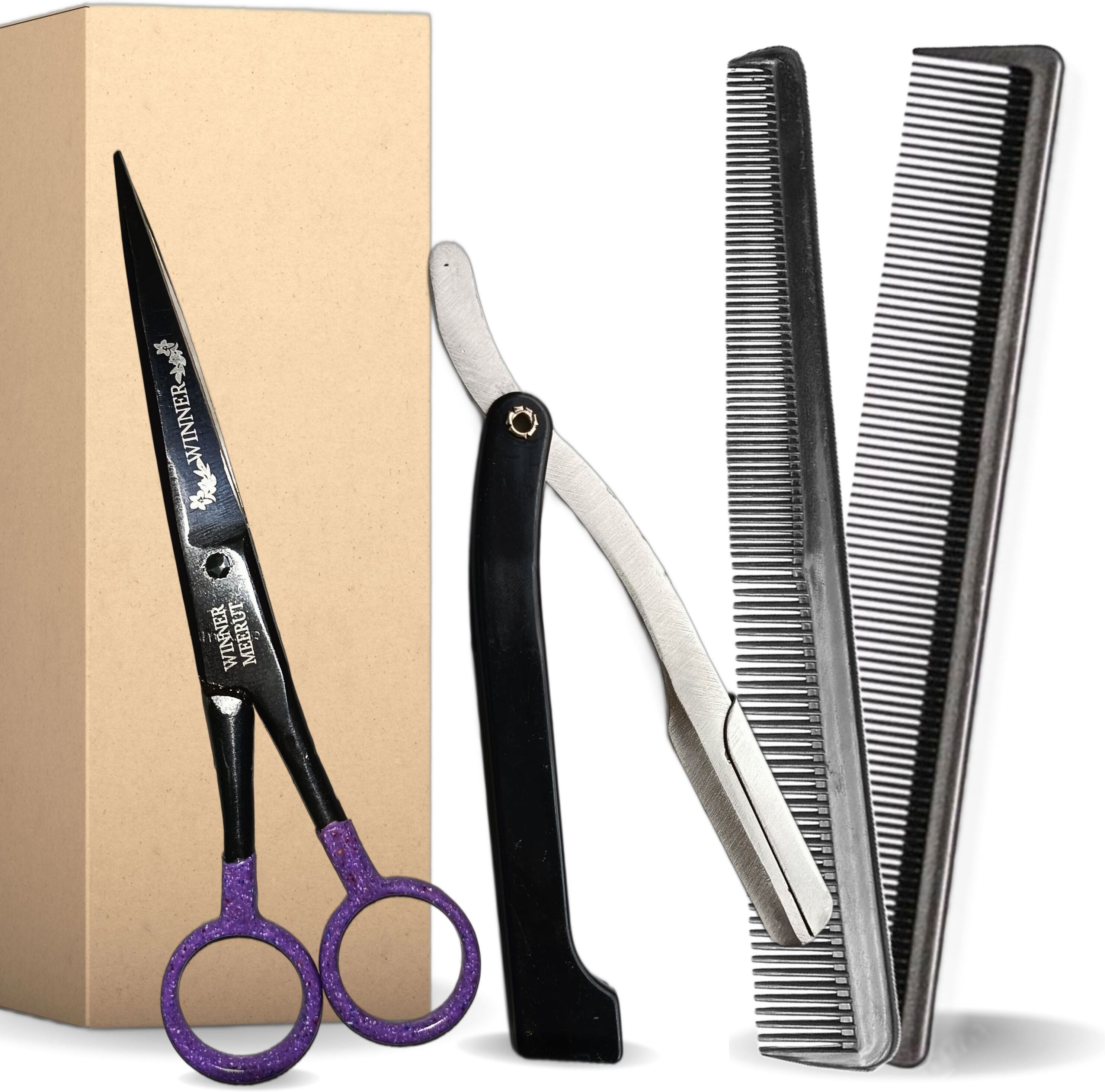 Winner 6" Scissor, Shaving Razor, Barber Combs, For Salon (Pack of 3 PCS) Scissors