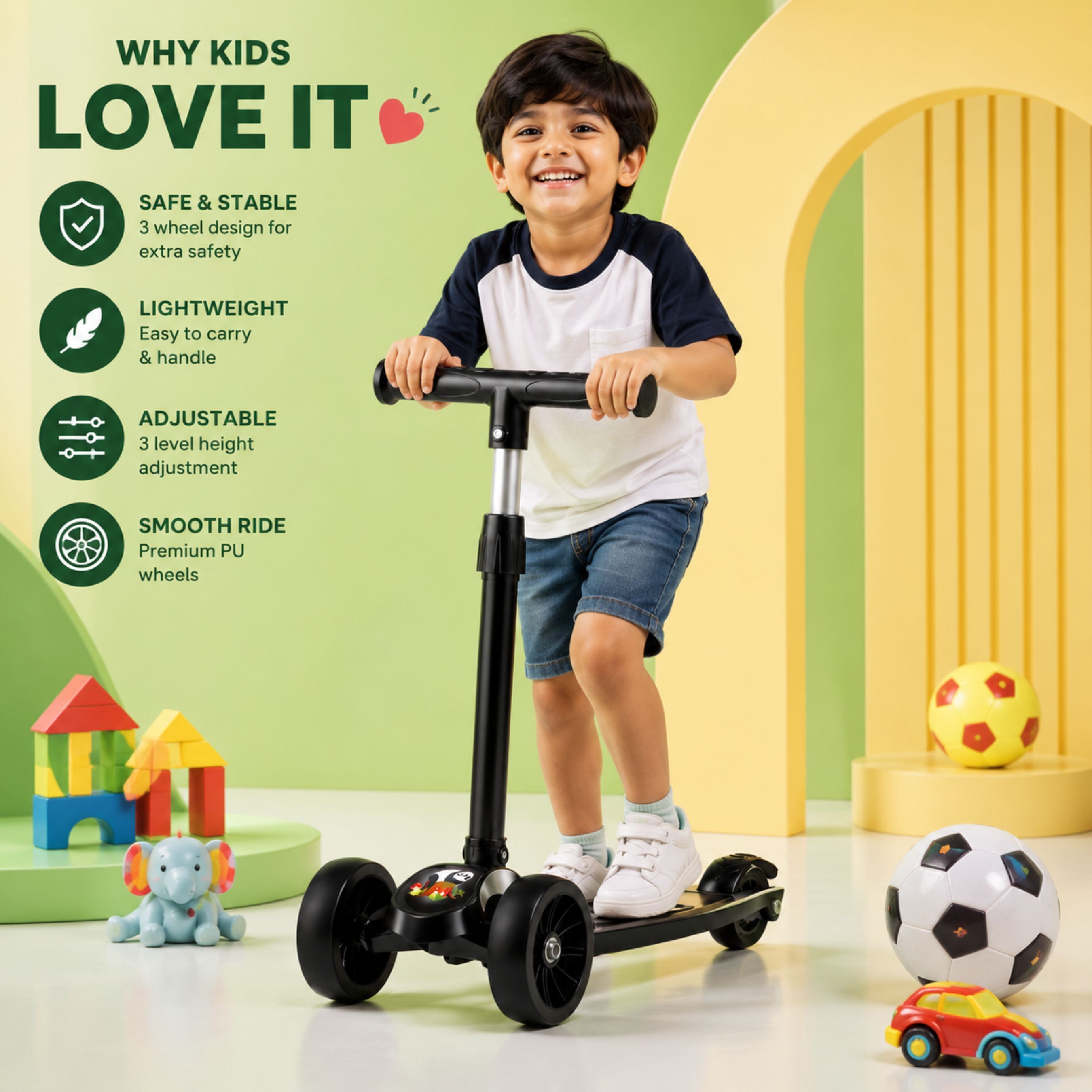 Kids 3-Wheel Kick Scooter 3-Level Adjustable Height Foldable BABY Scooter- BLACK Kids Scooter-image-44