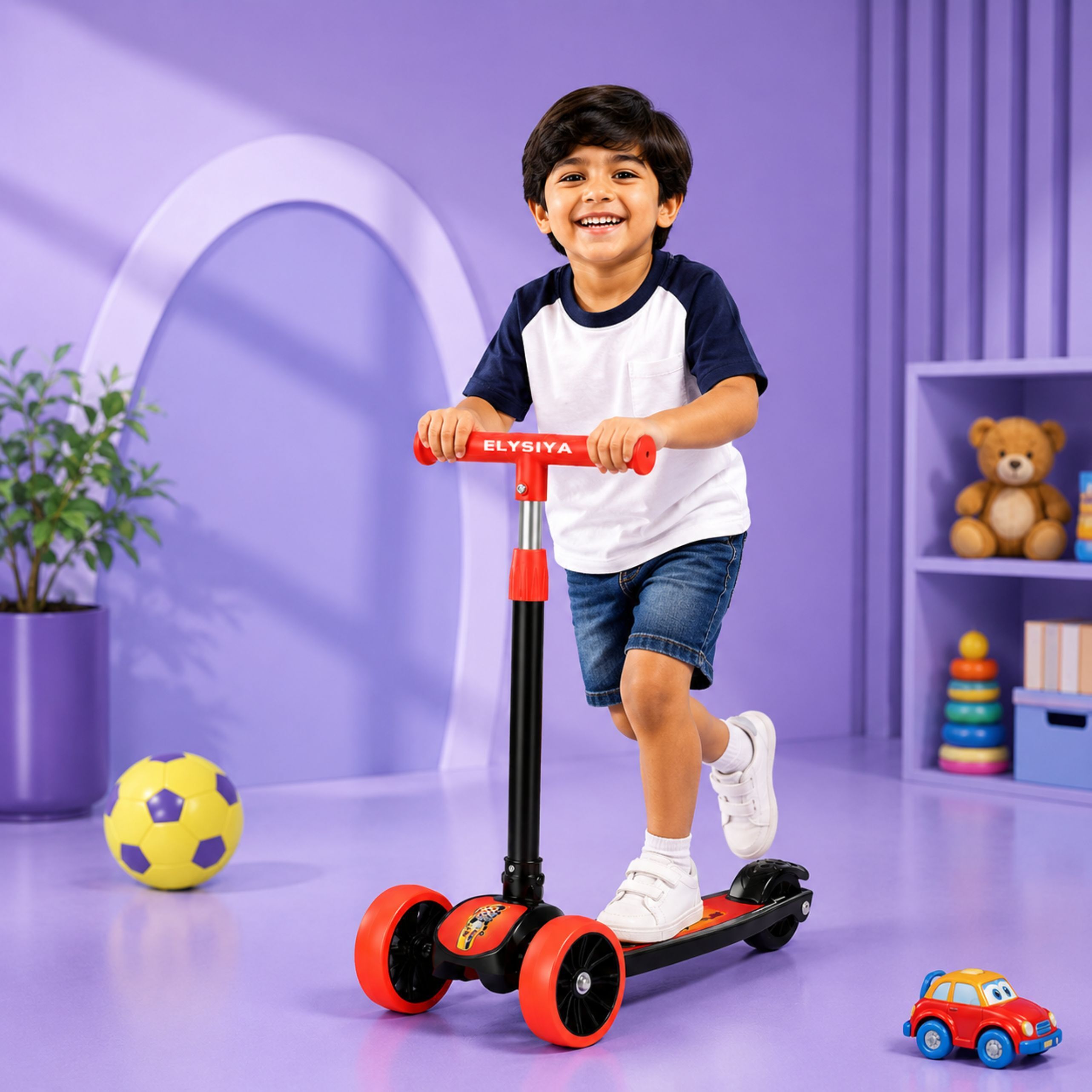 Kids 3-Wheel Kick Scooter 3-Level Adjustable Height Foldable BABY Scooter- Red Kids Scooter-image-48