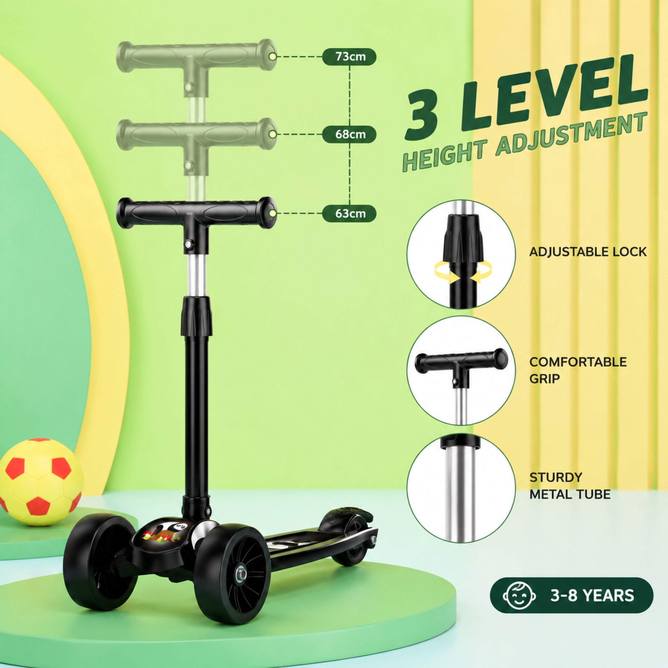 Kids 3-Wheel Kick Scooter, Adjustable Height Foldable BABY Scooter-Black Kids Scooter-image-45
