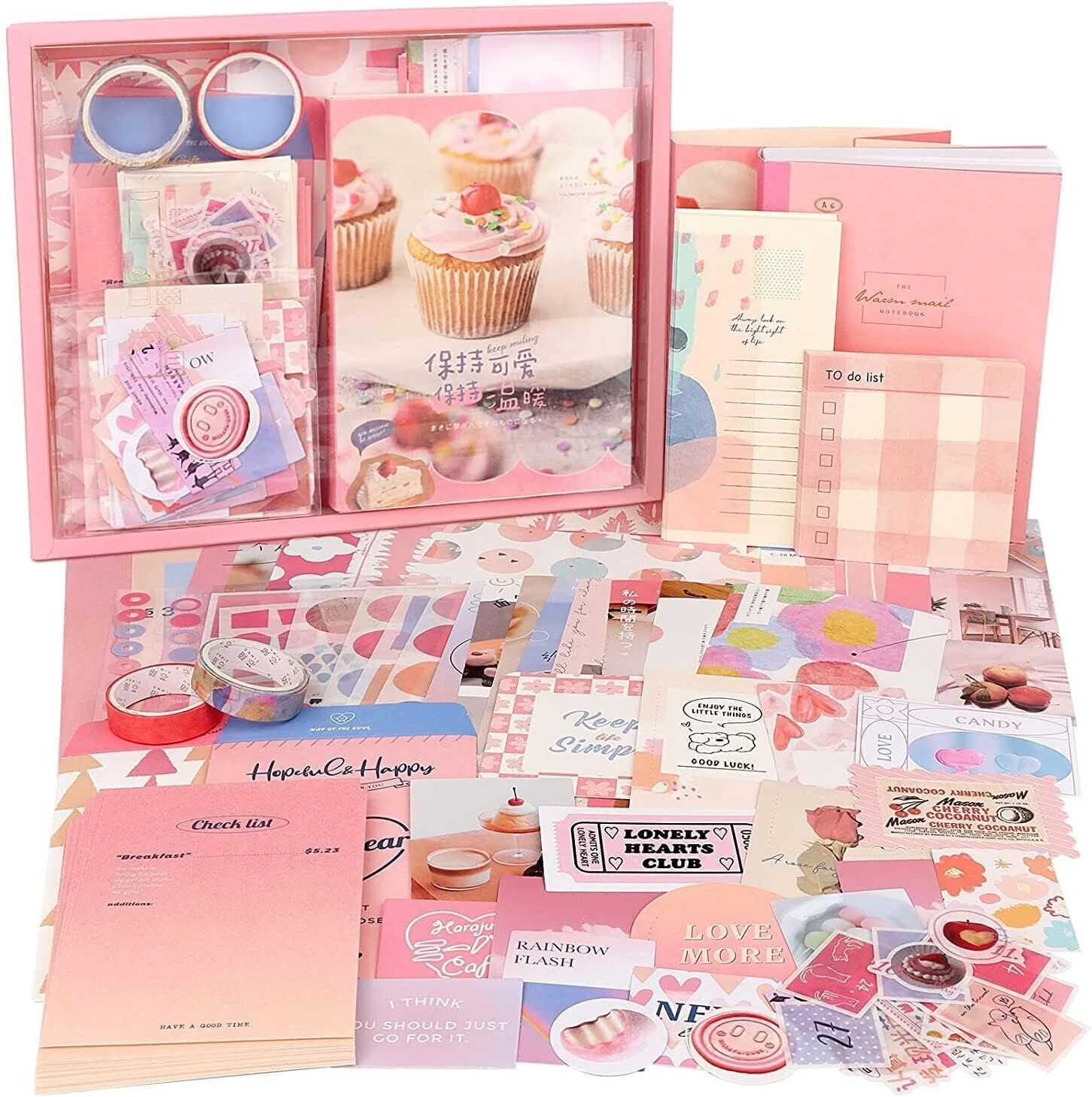 346pcs Aesthetic Journal Supplies Kit, Perfect for Gifting, Pink Ice Cream Theme, Scrapbook Kit