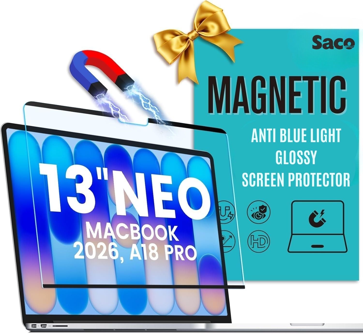 Saco Edge To Edge Screen Guard for 2026 MacBook Neo A3404 13 Inch (Magnetic Anti Blue Light Glossy)-image-28