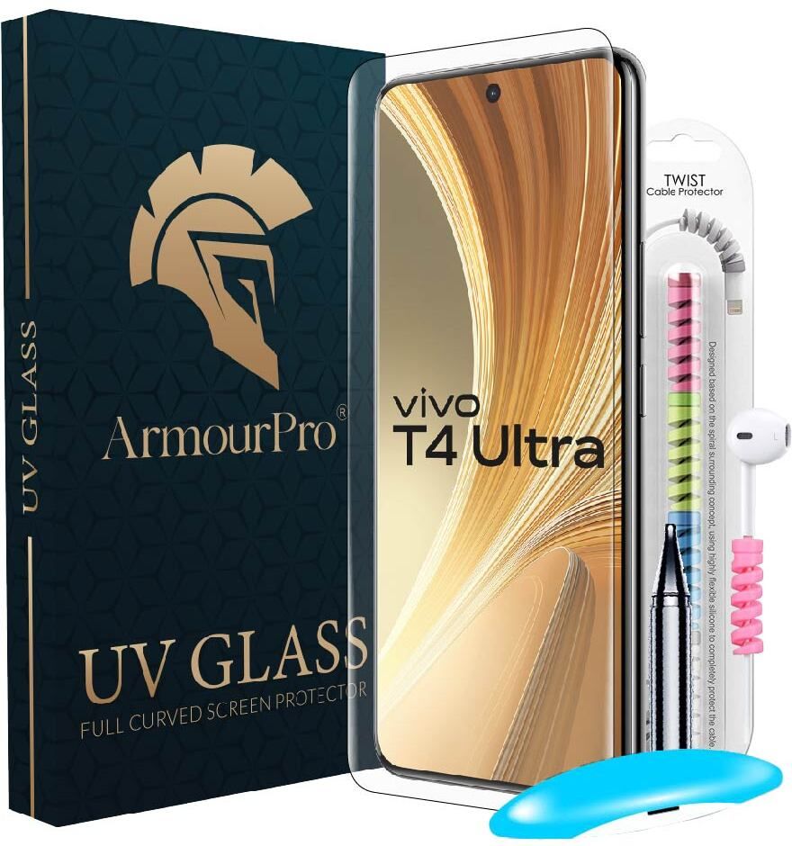 ArmourPro Edge To Edge Tempered Glass for Vivo T4 Ultra 5G, Vivo T4 Ultra, Advanced HD+ UV Guard, UV Glue Tempered Glass with Cable Protector-picture-11