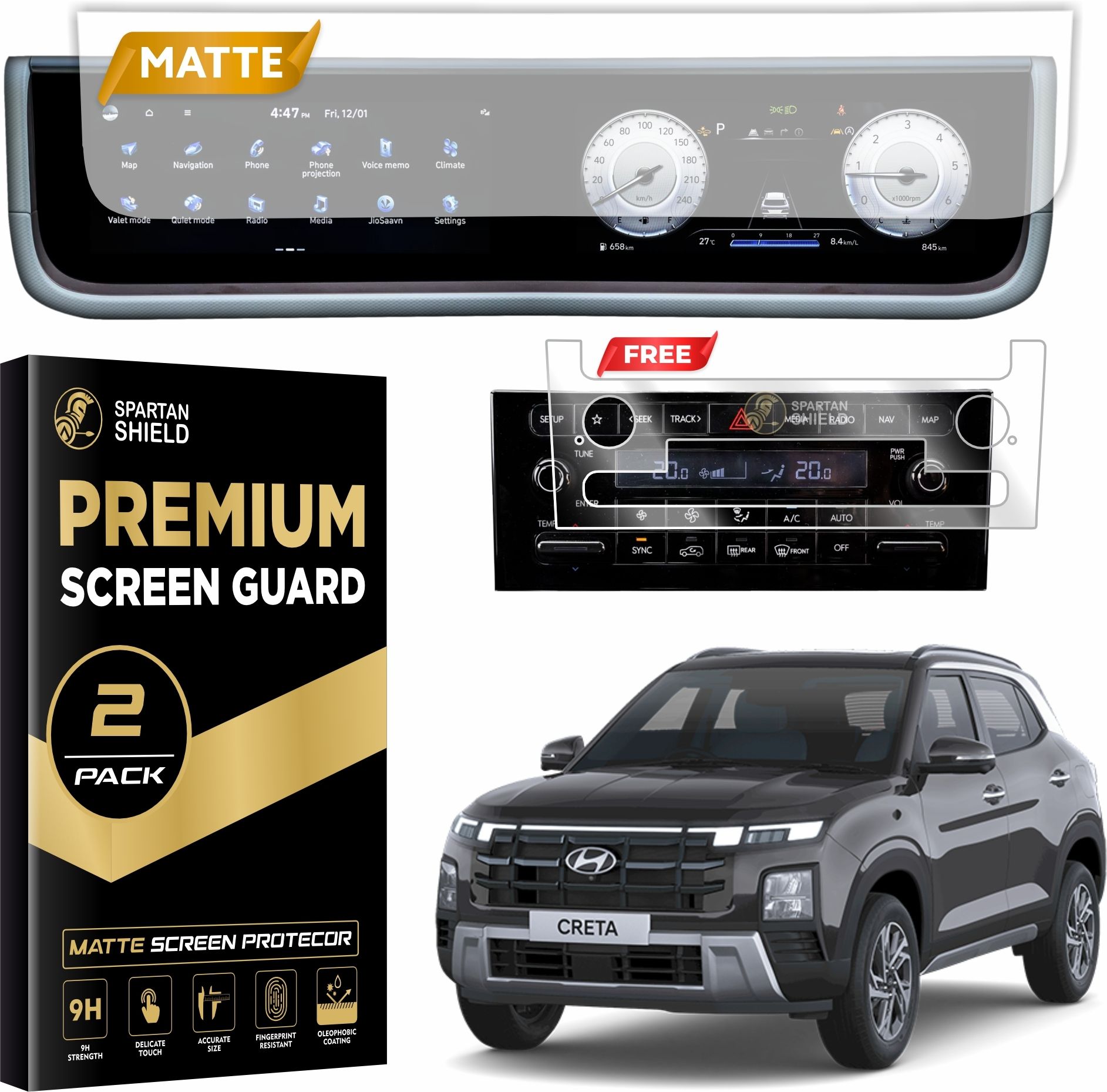 spartan shield Screen Guard for HYUNDAI CRETA 2024 FACELIFT || DUAL FULL TOUCHSCREEN INFOTAINMENT + AC Panel Matte Guard | SX SXTech SXO Anti Scratch Car Display Accessories [Not Tempered Glass]-image-3