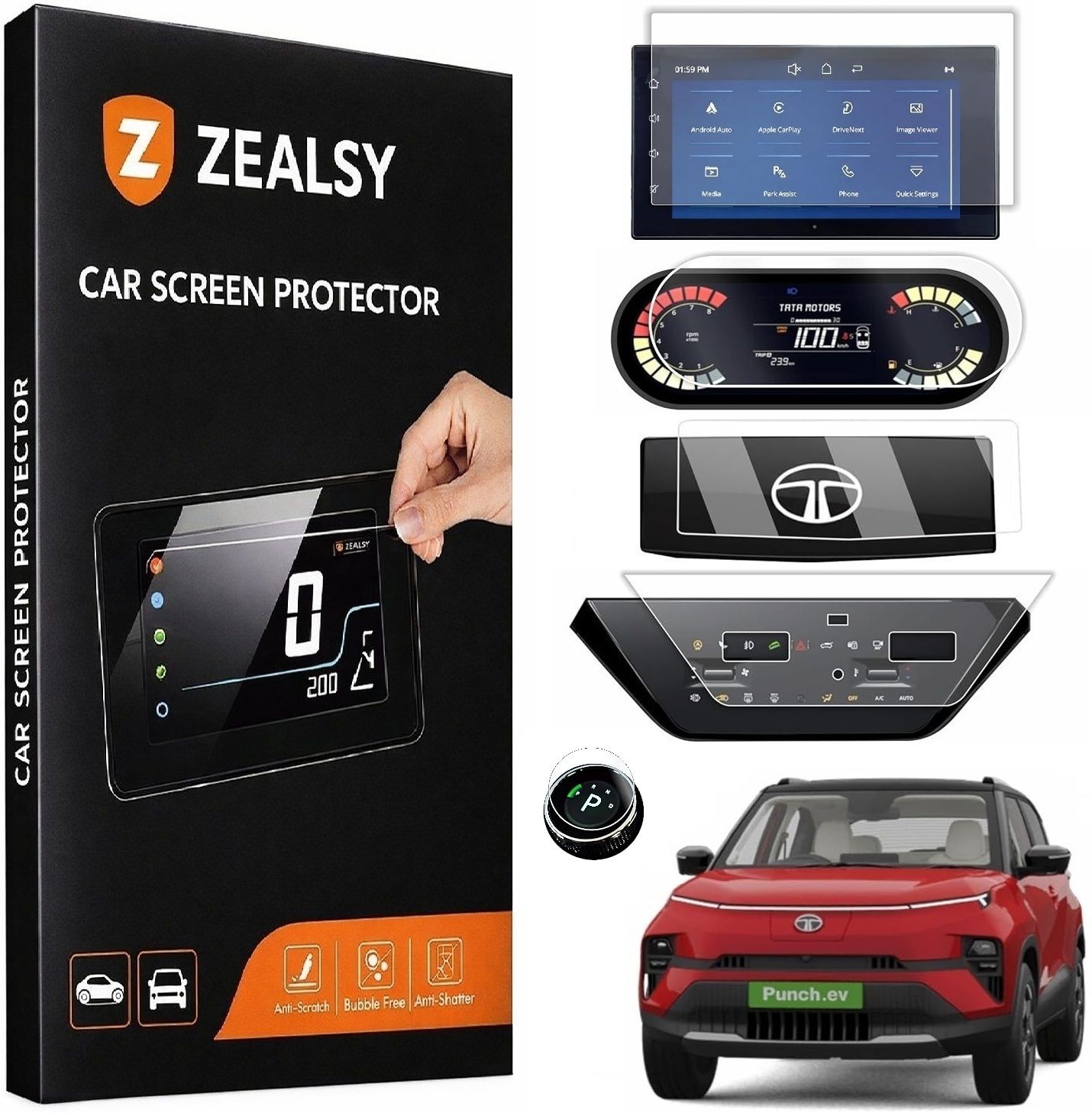Zealsy Screen Guard for Tata Punch EV Screen Guard | 8 Inch Infotainment Touchscreen + 4inch Instrument Cluster + Digital Steering + AC Panel Protector + Knob For ADVENTURE | SMART+ | 2026 Facelift Dashboard Shield-image-40