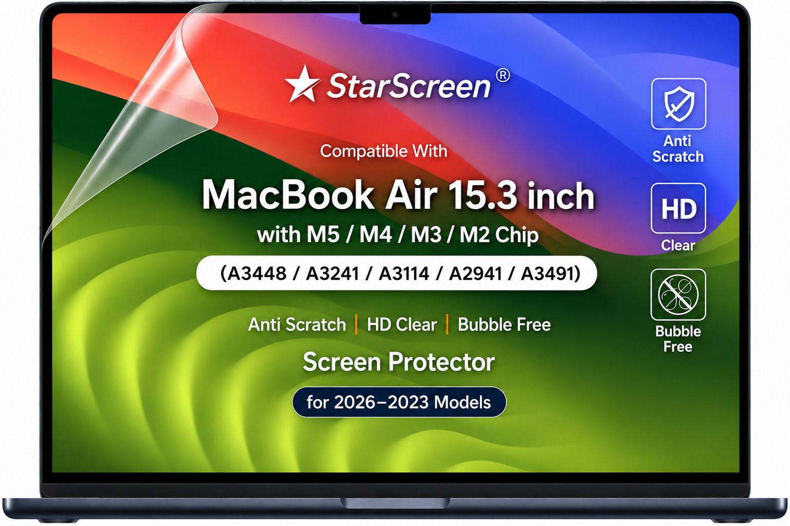 StarScreen Screen Guard for MacBook Air 15.3 inch with M5 / M4 / M3 / M2 Chip & Touch ID (Models: A3448 / A3241 / A3114 / A2941 / A3491) (2023-2026)-image-40