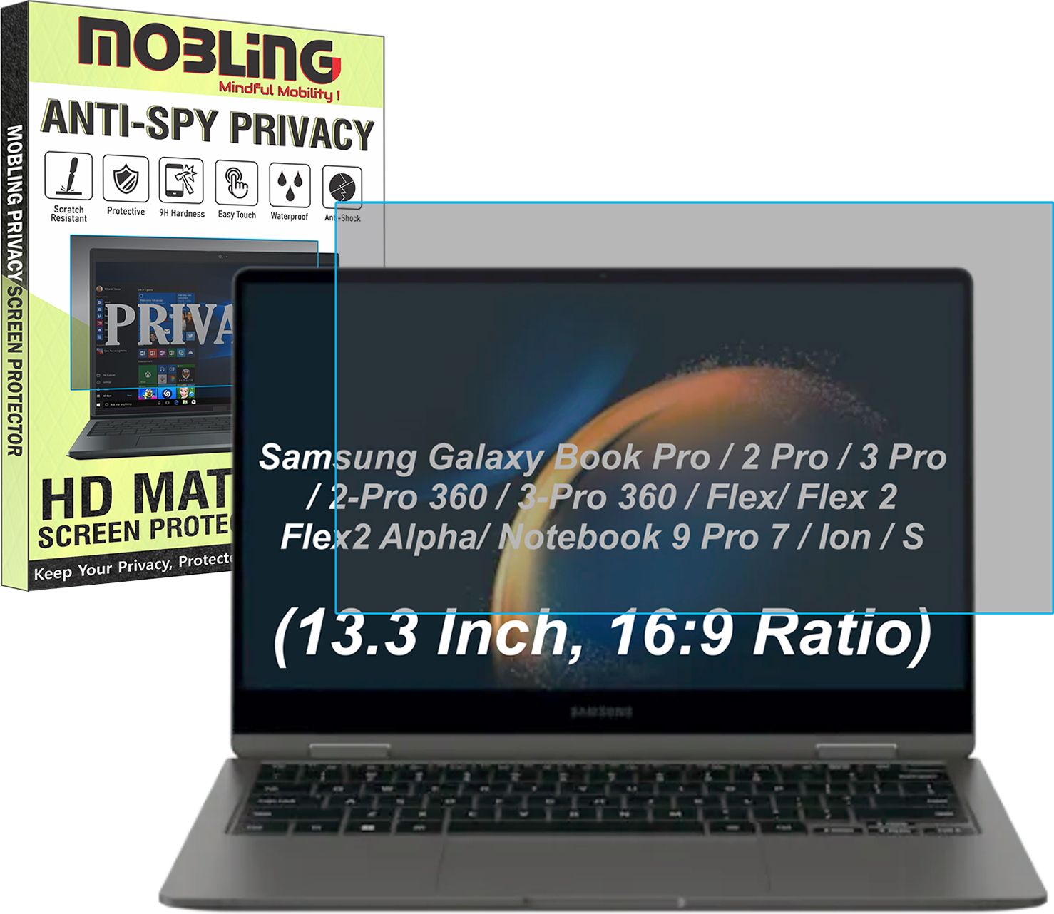 Mobling Screen Guard for Samsung Galaxy Book Pro/2 Pro/3 Pro/2-3-Pro 360/ BookFlex Flex 2 Flex2 Alpha/ Notebook 9 Pro / 7 / Ion / S 13.3" Inch 16:9 Laptops (Privacy Matte Finish)-image-12