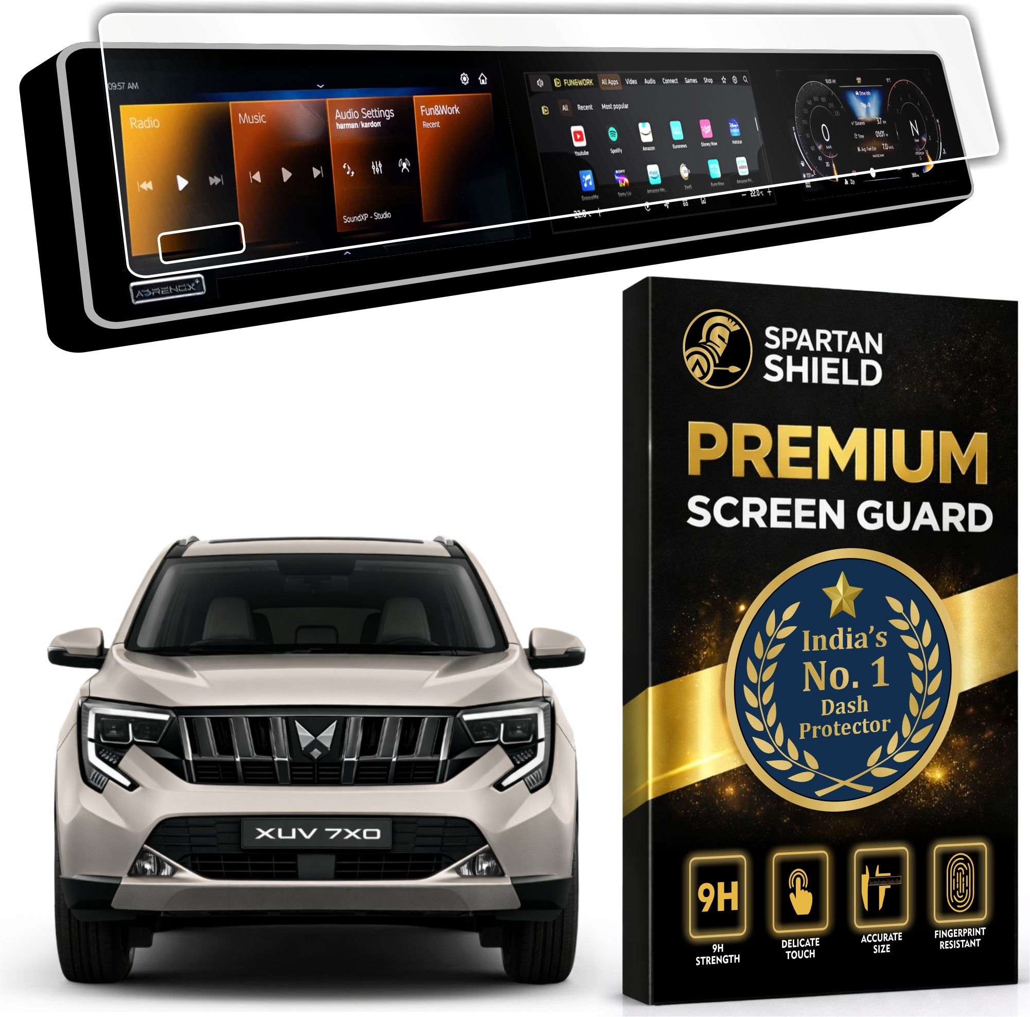 spartan shield Screen Guard for MAHINDRA XUV 7XO 2026+ || AX, AX3, AX5, AX7, AX7T & AX7L || 12.3 INCH TRIPLE SCREEN with *** ADRENOX+ BADGE CUTOUT *** || Anti Scratch || Water Repellant || With Complimentary Installation Kit || Bubble Free Application || XUV7XO Digital Instrument Cluster Protective Film || 2025 Car Stereo Accessories [Not Tempered Glass] [CHECK ADRENOX BADGE BEFORE ORDERING]-image-21