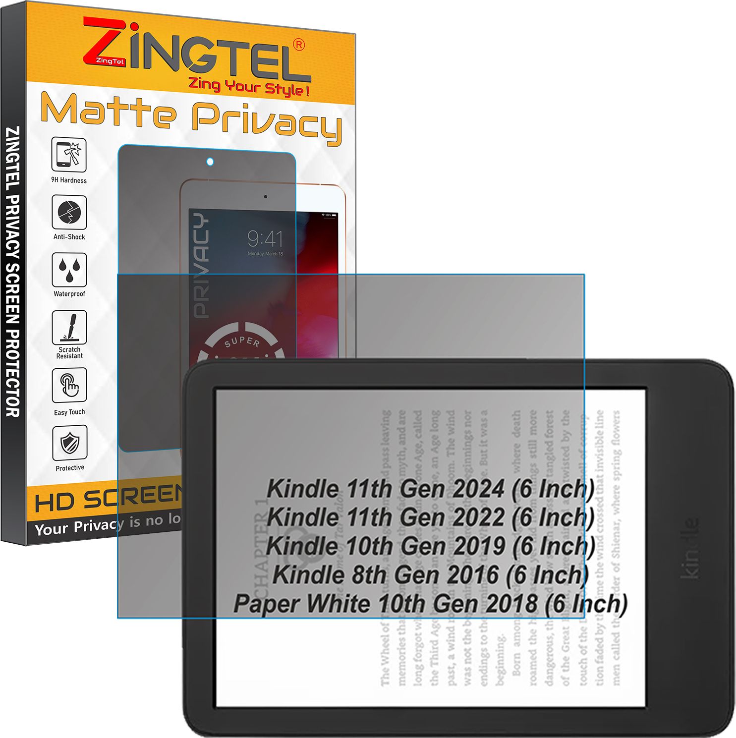 ZINGTEL Screen Guard for All New Kindle / Kindle Kids e reader 6 Inch (11th/10th/8th Gen, 2024/2022/2019/2016 ) & Paperwhite 6" Inch Tab 10th Gen 2018 (Anti SPY Privacy Matte)-image-0