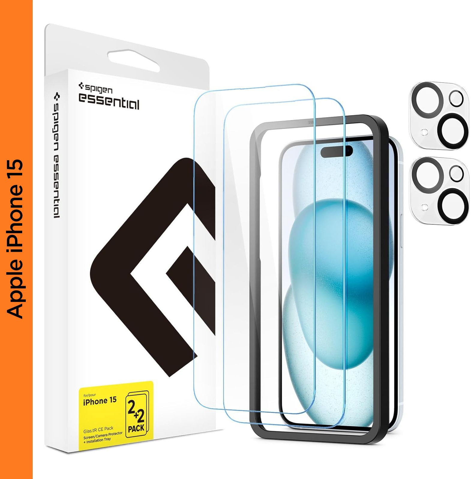 Spigen Tempered Glass Guard for iPhone 15 [Glass 2 Pack + Camera Lens Protector 2P + Alignment Tool]