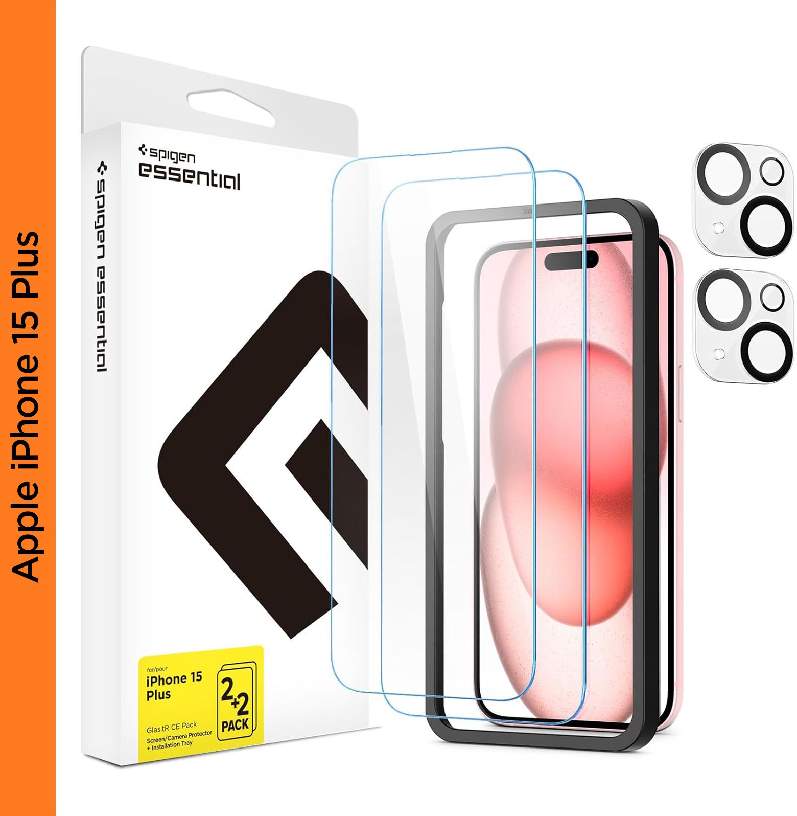 Spigen Tempered Glass Guard for iPhone 15 Plus [Glass 2 Pack + Camera Lens Protector 2P + Alignment Tool]
