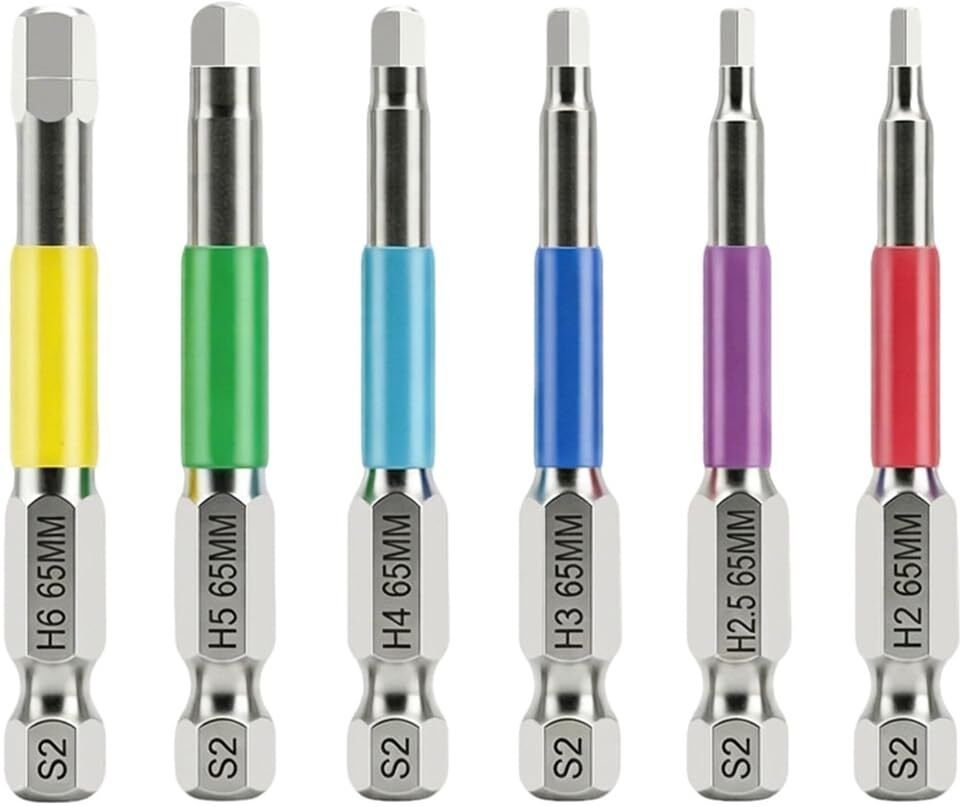 serplex Hex Bit Set 6 Pcs Steel 65mm Long Hex Bit Set 6 Pieces Steel 65mm Color Coded Shank for Drills and Drivers Screwdriver Bit Set-picture-3