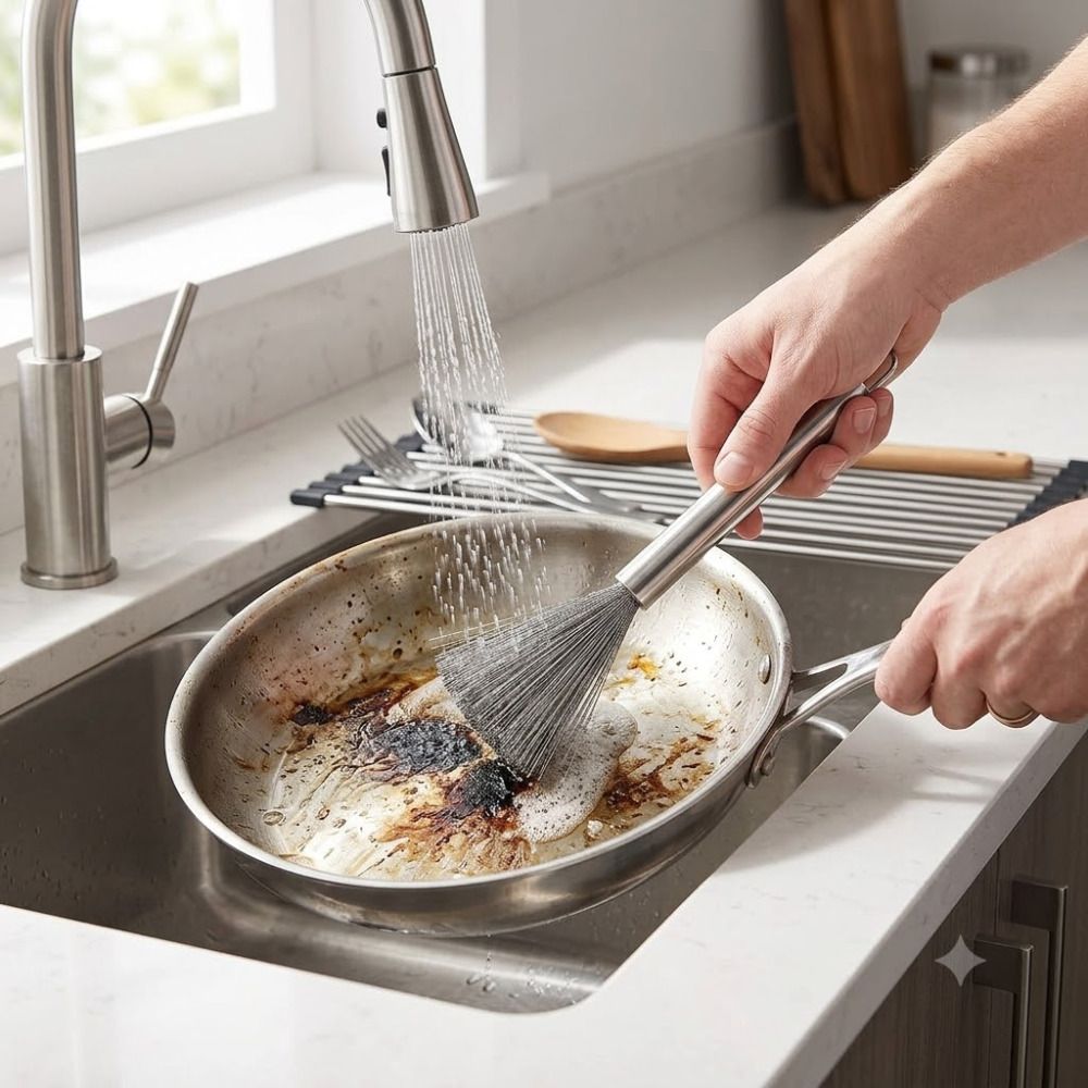kruhimo Stainless Steel Kitchen Scrub Brush with Long Handle for Dish Cleaning Scrub Pad-picture-42