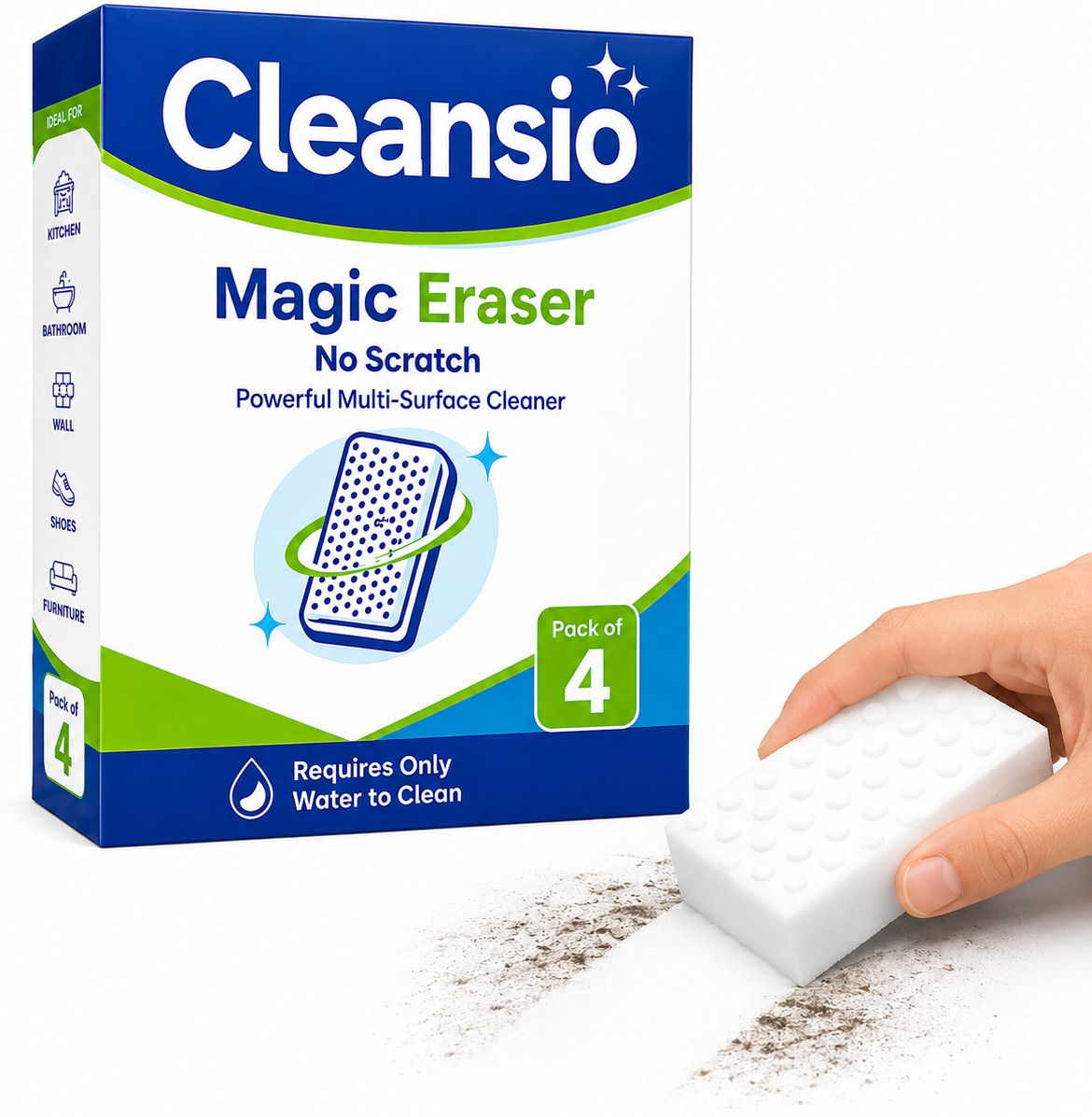 cleansio Magic Eraser Sponge Pack of 4 | Wall, Kitchen, Bathroom & Switchboard Cleaner Scrub Pad, Scrub Sponge, Sponge Wipe-picture-14