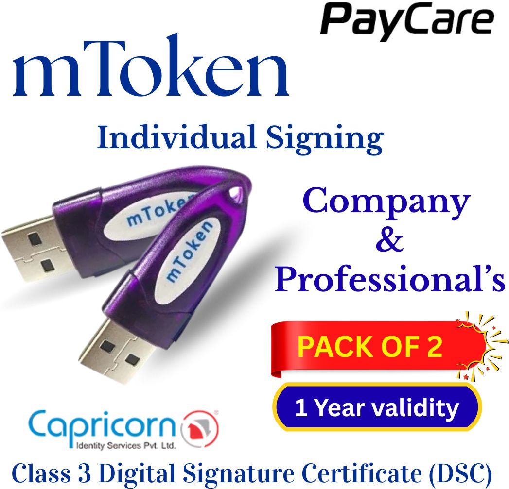 PayCare Class 3 Digital Signature Certificate – Individual Signing, 1 Year, Pack of 2 mToken