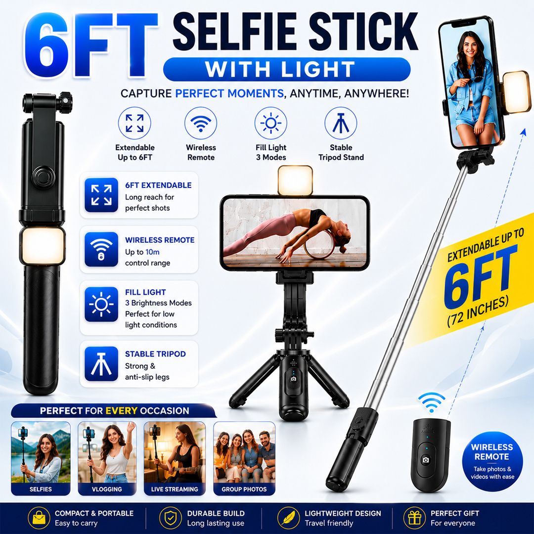 SB Selfie Stick Tripod with Light and Wireless Remote, 6FT Extendable Mobile Stand, 360 Degree Rotation Phone Holder, Portable Tripod Bluetooth Selfie Stick-image-22