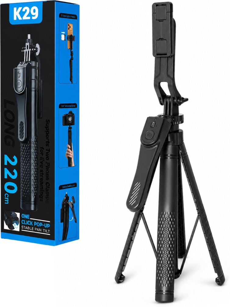 FITRIC K29 220cm Ultra Long Premium Heavy Quality Selfie Stick with Wireless Bluetooth Remote, Foldable Tripod Stand, Adjustable 360° Mobile Holder, Extendable Camera Stick for Android, , Vlogging, Travel & Live Streaming Bluetooth Selfie Stick-image-38