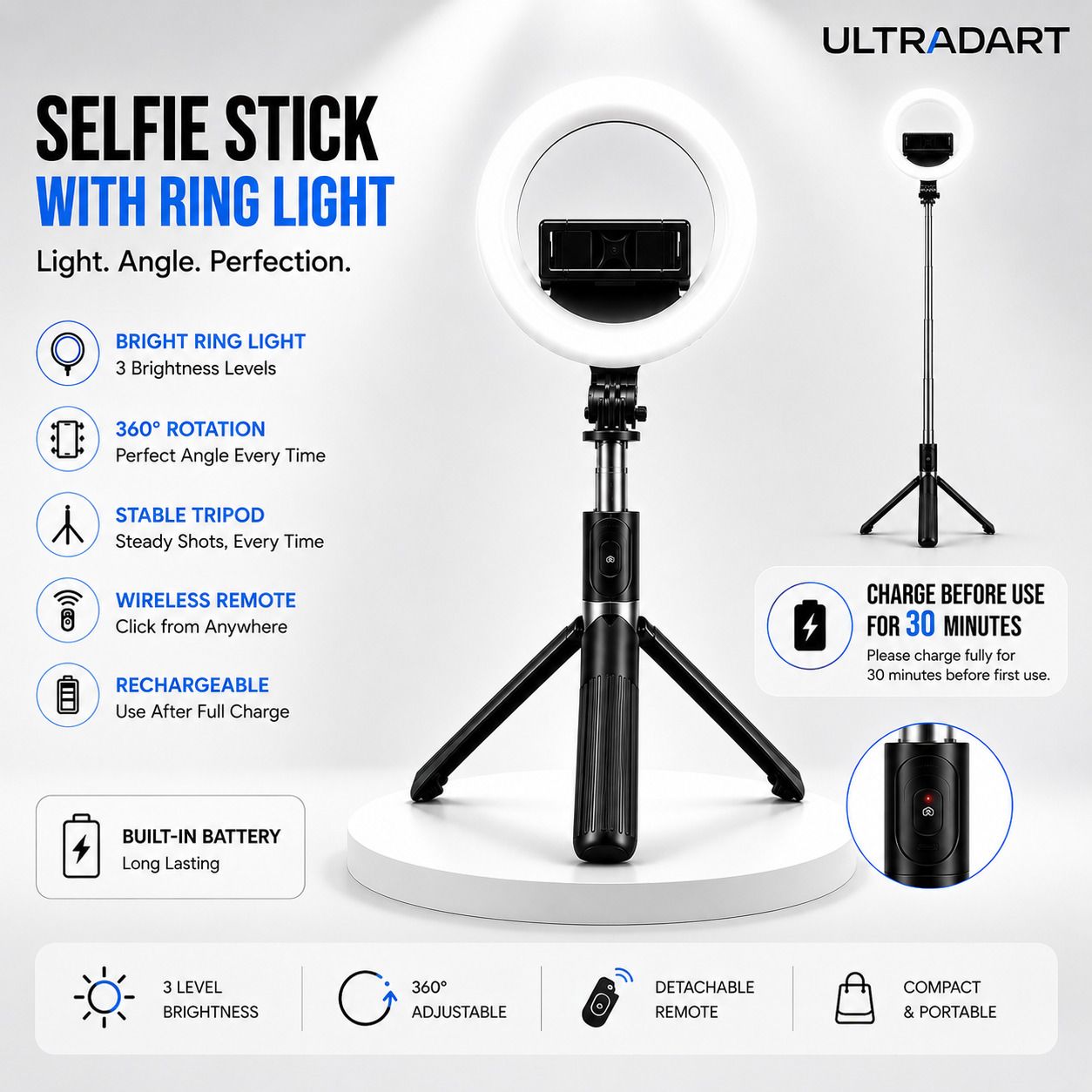 ULTRADART Portable Ring Light with Selfie Stick & Tripod Stand for Mobile Cable Selfie Stick-image-37