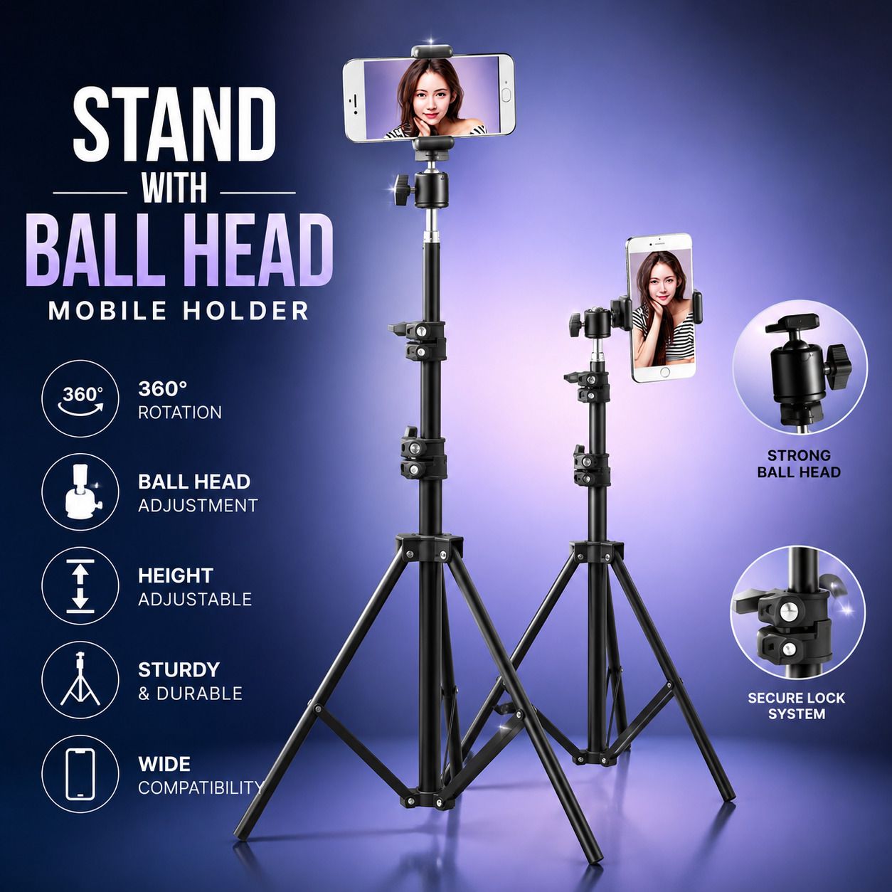 ULTRADART Adjustable Camera Tripod Stand 7 Feet with Mobile Holder & Ball Head for Video Recording Cable Selfie Stick-image-33