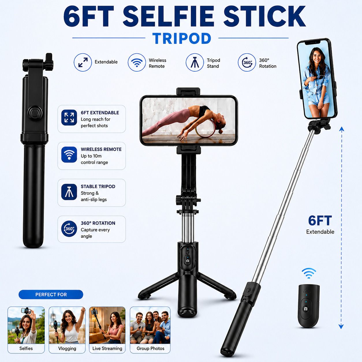 CABTRONICS Wireless Selfie Stick Tripod, 6FT Mobile Tripod Stand with Bluetooth Remote, Adjustable Phone Holder for Android & iPhone Bluetooth Selfie Stick-image-46