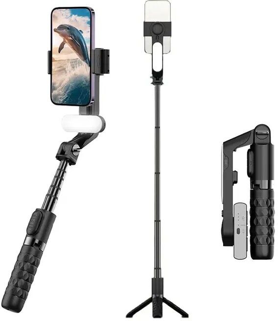 Hold up Gimbal Stabilizer for Smartphone,1-Axis Selfie Stick Gimbal Stabilizer with Fill Light 360°Rotation with Wireless Remote for video recording Bluetooth Selfie Stick