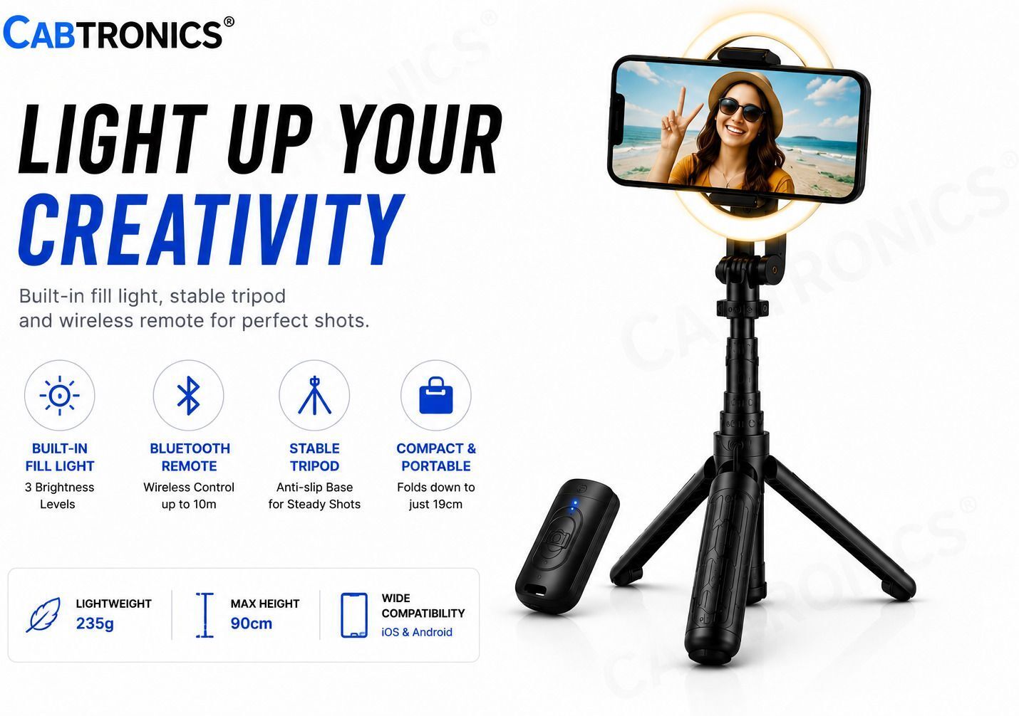 CABTRONICS LED Ring Light with Phone Holder & Tripod Stand, 3-in-1 Selfie Stick, Bluetooth Remote for YouTube Videos, Reels, Selfies & Video Calls Bluetooth Selfie Stick-image-35