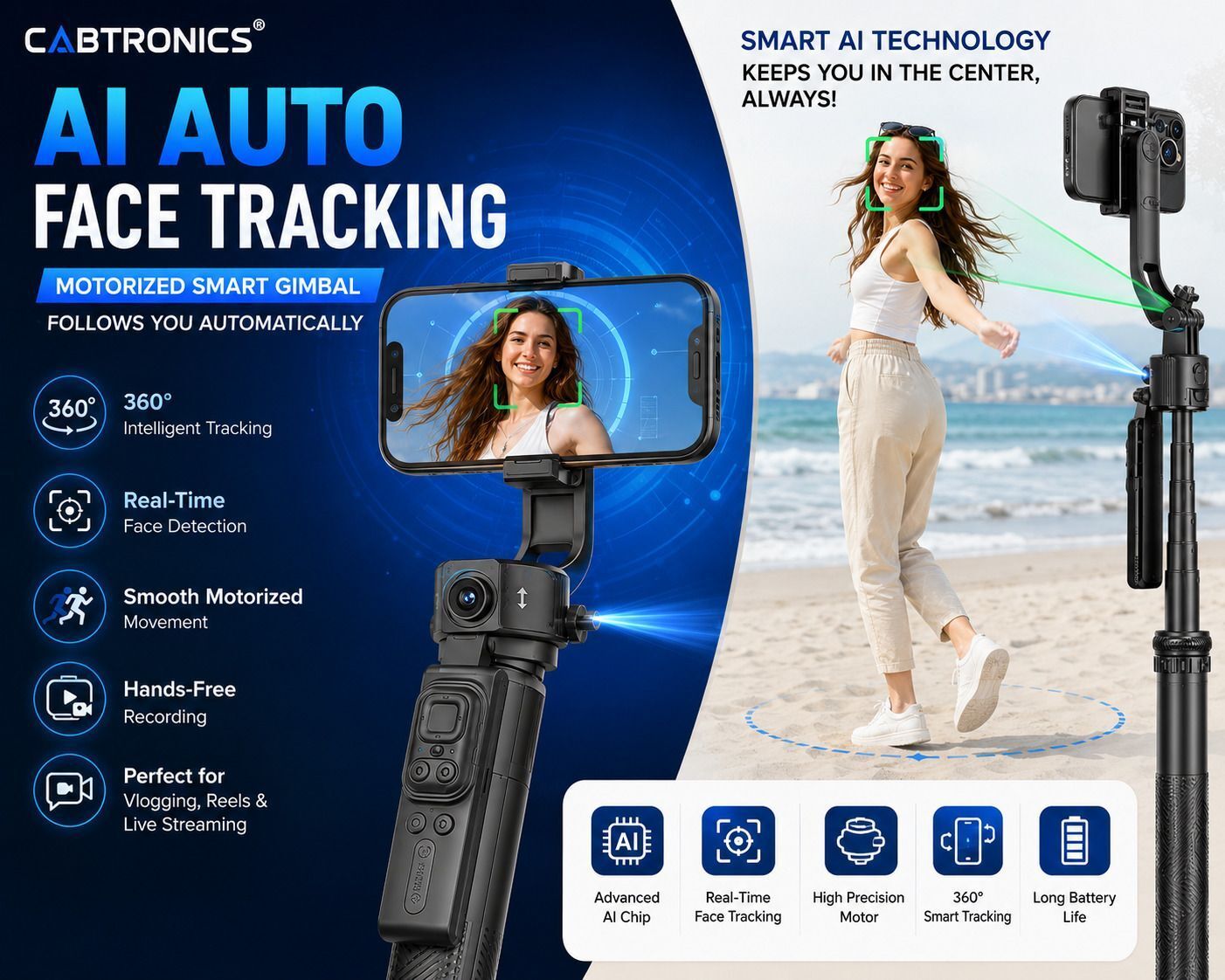 CABTRONICS Smart AI Face Tracking Tripod Selfie Stick with Bluetooth Remote, 70 Inch Extendable Phone Holder, Auto Follow Gimbal for Content Creators Bluetooth Selfie Stick-image-21