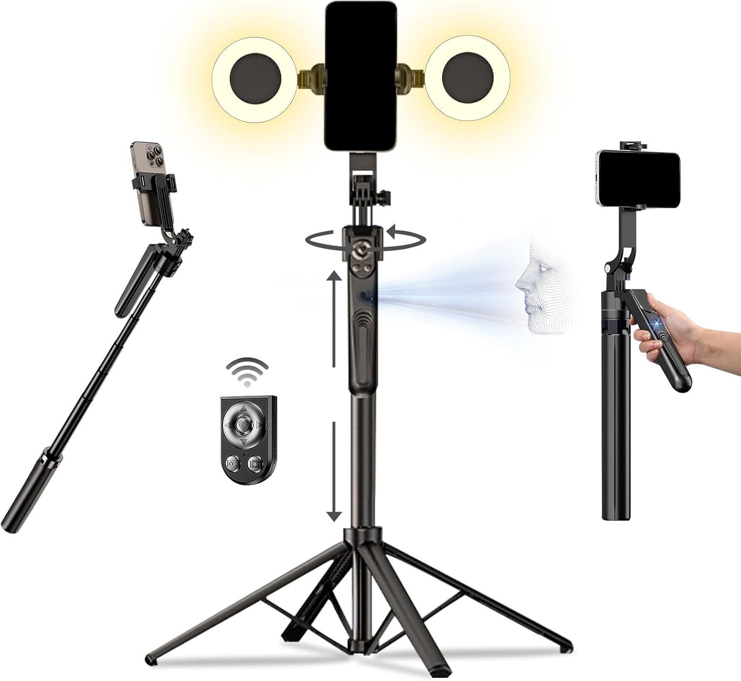 Hold up Auto Face Tracking Tripod for iPhone,360° Rotation 4In1 Phone Tripod with Fill Light,70" Extendable Smart Shooting Camera Mount with Selfie Light and Remote for Gesture Control, No Need Application Bluetooth Selfie Stick-picture-10