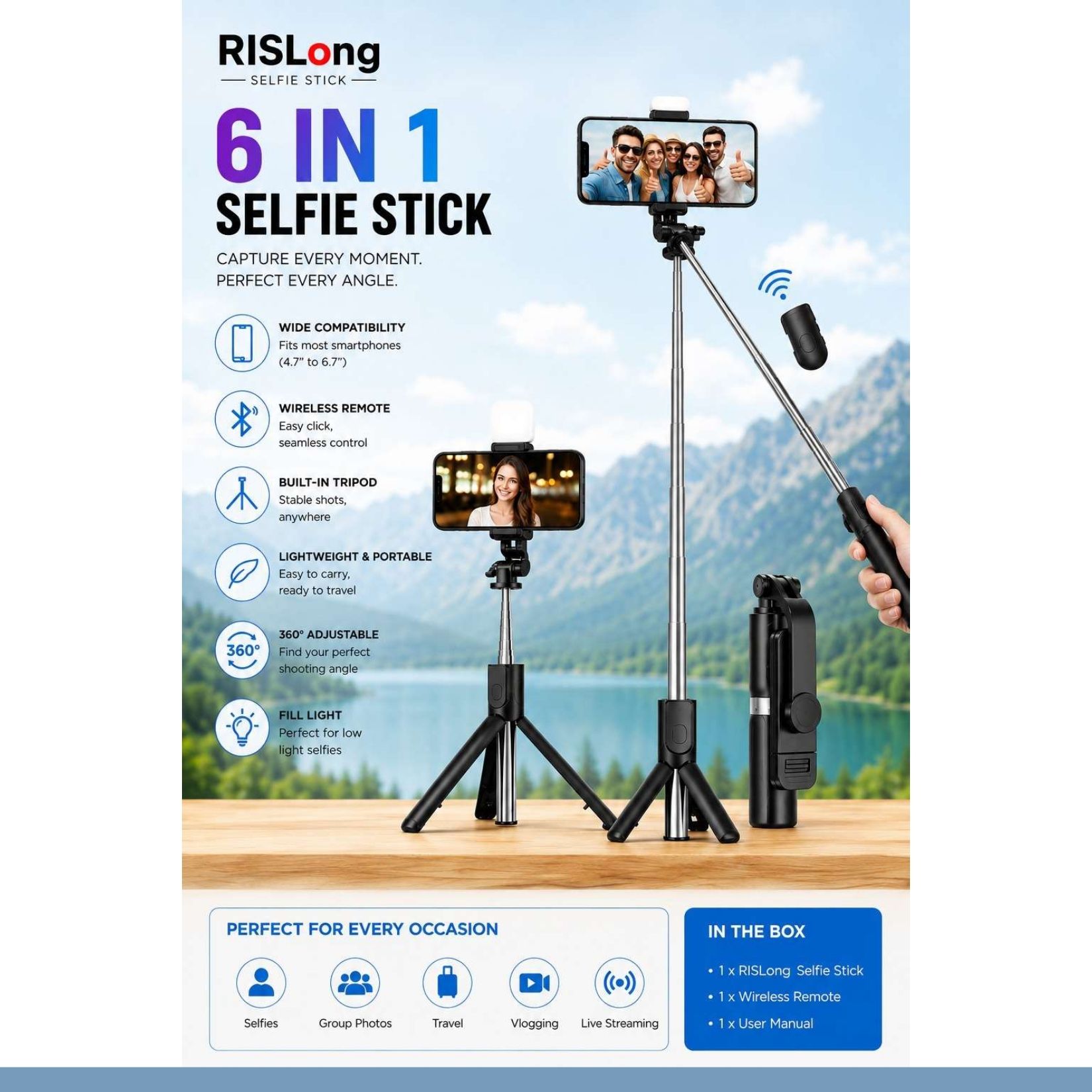 Aarohi 3-in-1 Selfie Stick Tripod with Bluetooth Remote & LED Ring Light for Mobile/DSLR @288 Bluetooth Selfie Stick-image-9