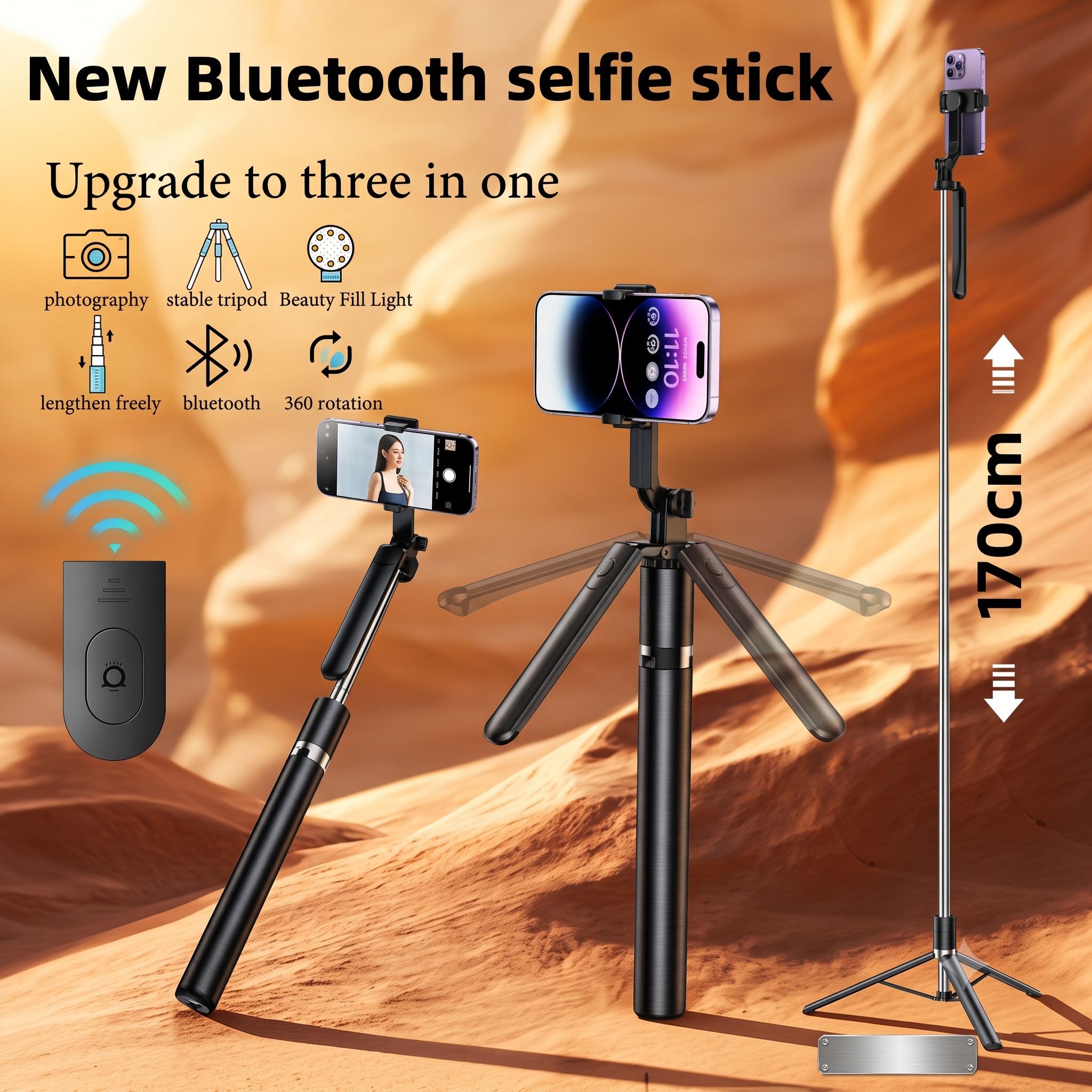 PRODART R16S Wireless Remote Control with LED Light Bluetooth Selfie Stick-picture-11