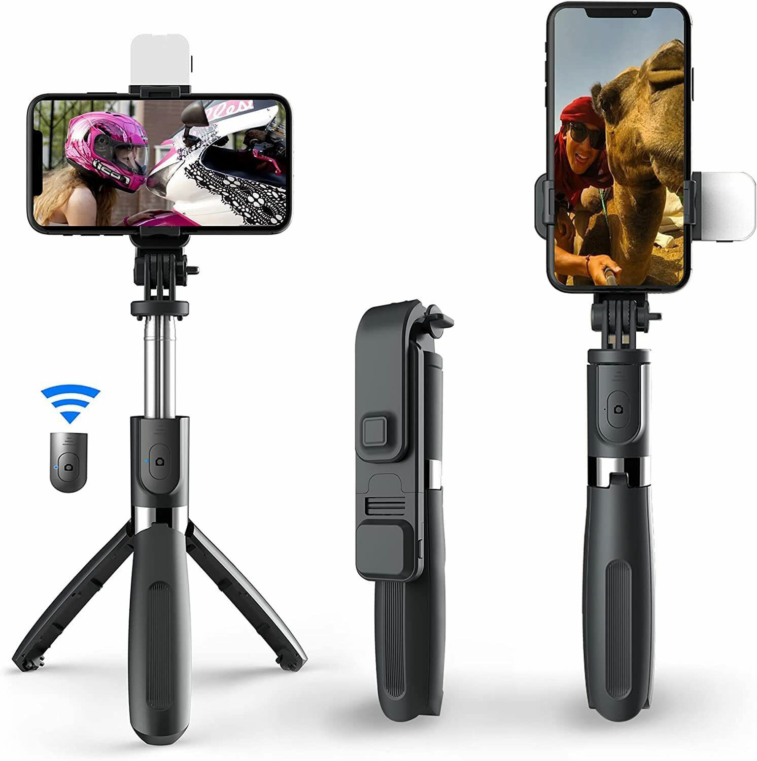 FITRIC R1s Bluetooth Selfie Sticks with Remote and Selfie Light, 3-in-1 Multifunctional Selfie Stick Tripod Stand Compatible with iPhone/OnePlus/Samsung/Realme & All Smartphones/Go Pro Bluetooth Selfie Stick