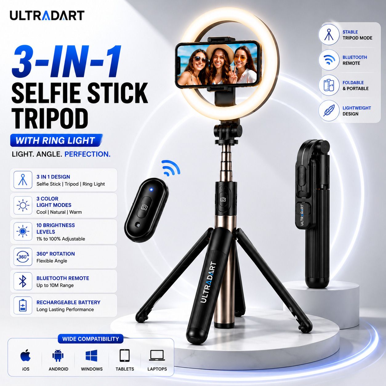 ULTRADART 3 in 1 Ring Light Tripod Selfie Stick for Mobile Video Recording Cable Selfie Stick-image-36