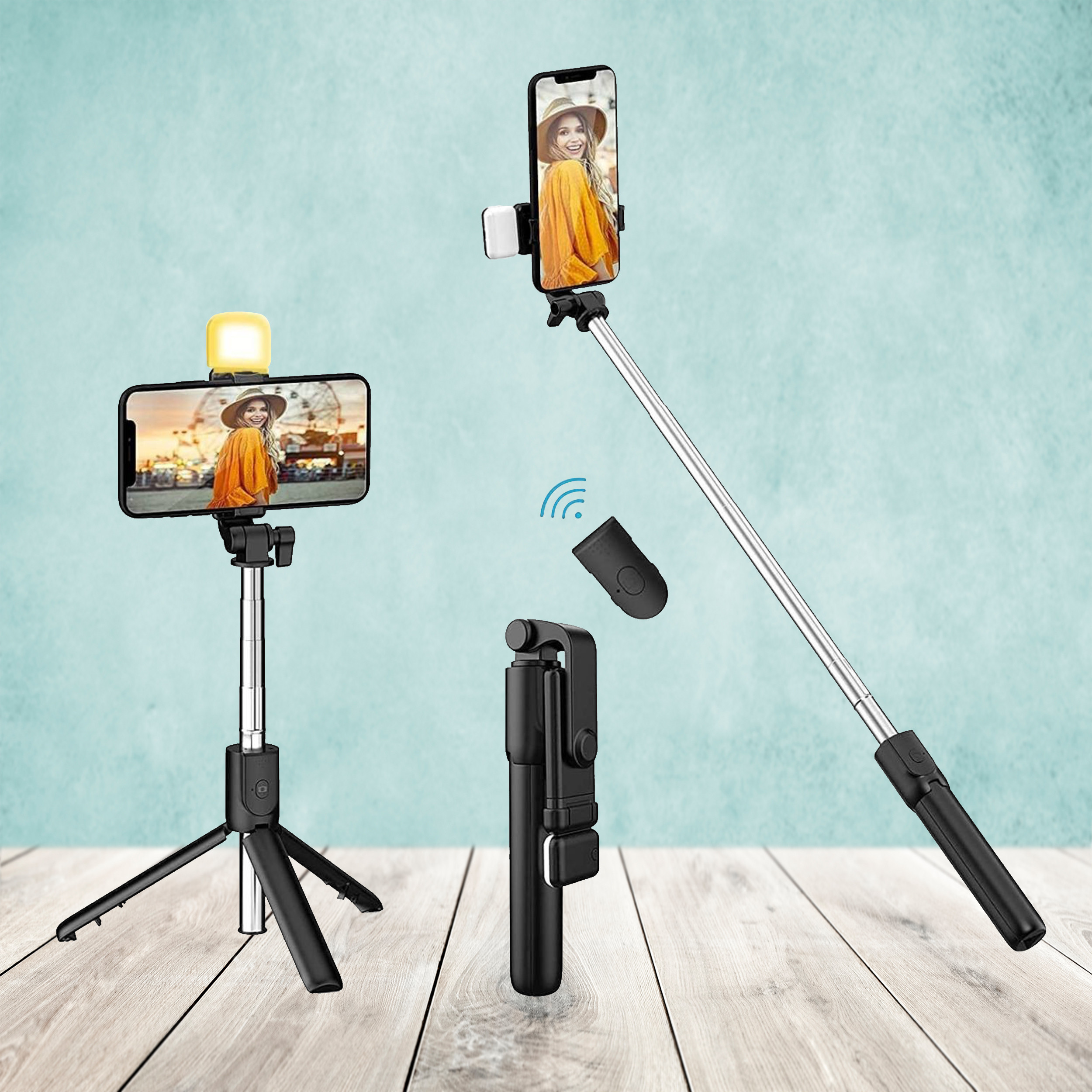 Casewilla R1s Bluetooth Selfie Stick with Remote and LED Selfie Light, 3-in-1 Multifunctional Selfie Stick, Tripod, Monopod Stand & Mobile Stand Compatible with All Phones Bluetooth Selfie Stick image 1