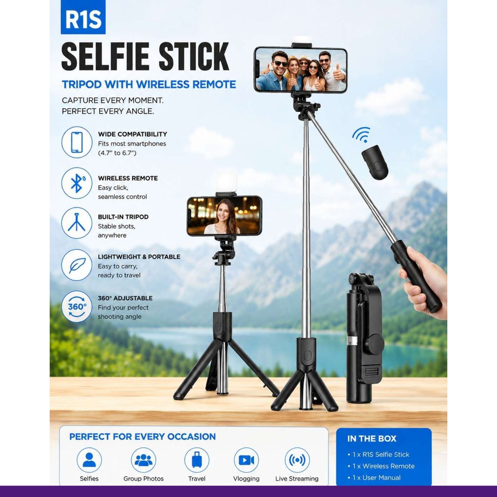 Aarohi 3-in-1 Selfie Stick Tripod with Bluetooth Remote & LED Ring Light for Mobile/DSLR @251 Bluetooth Selfie Stick-image-40