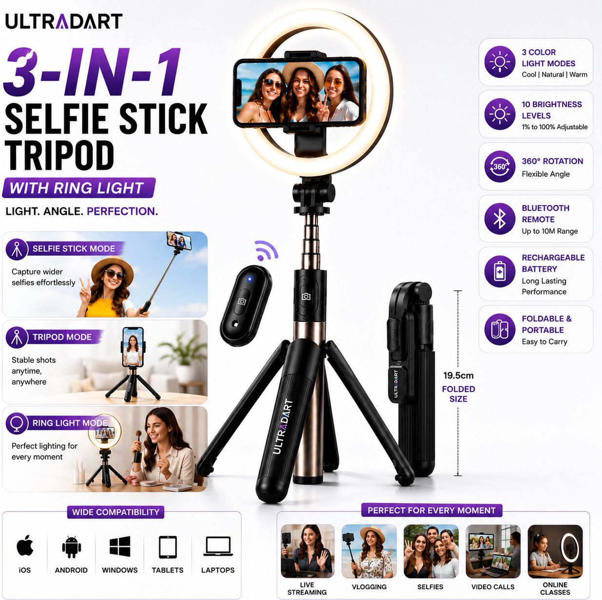 ULTRADART 3 in 1 Tripod Stand with Selfie Stick, Ring Light & Remote Cable Selfie Stick-picture-43