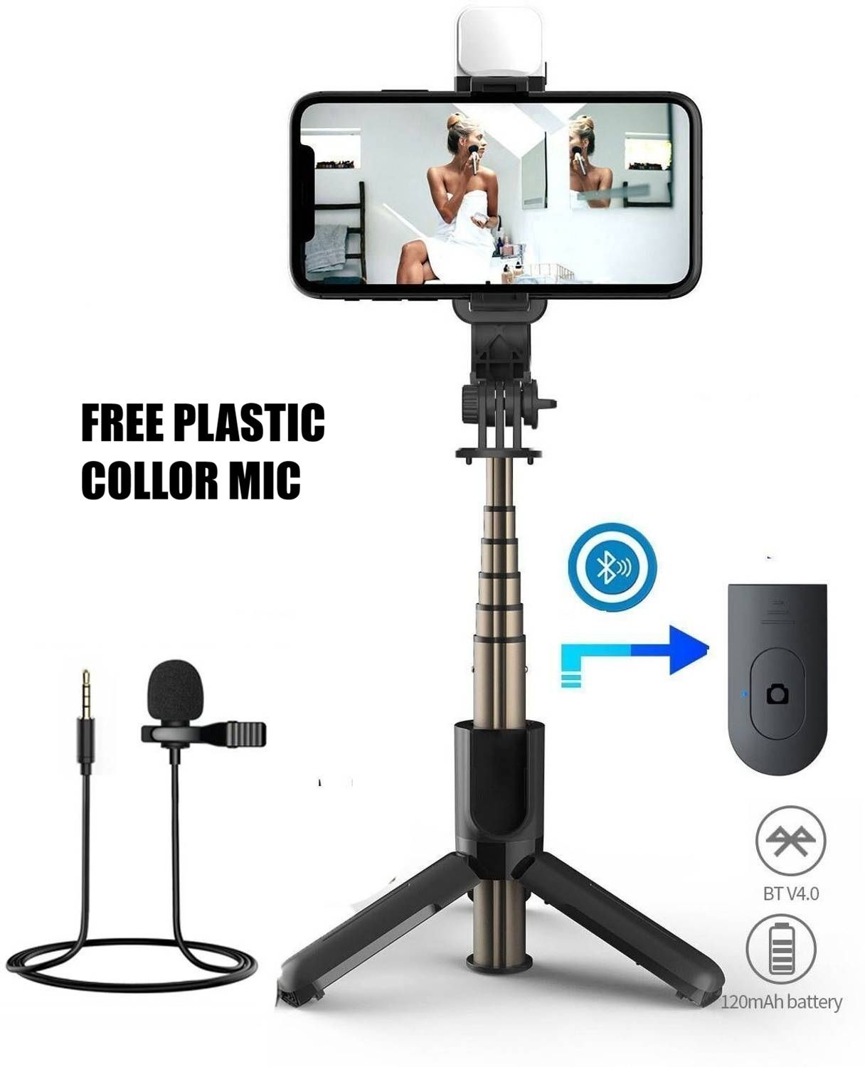 FITRIC R1S Bluetooth Selfie Stick Tripod with Wireless Remote and FREE Plastic Wired Collar Mic, Extendable 70cm Mobile Phone Stand for iPhone Android, 3-in-1 Portable Monopod Tripod for Vlogging, Reels, YouTube, Travel, Live Streaming, Video Recording, Group Photos, 360° Rotatable Holder, Foldable Lightweight Design, Universal Compatibility, Strong ABS Stainless Steel Build, Stable Anti-Slip Legs, Rechargeable Remote, Best Selfie Stick for Content Creators, Students, Influencers, Online Classes, Video Calls, Home Use Photography Accessories Must-Have Gadget Compact Pocket Friendly Telescopic Rod Easy Bluetooth Pairing One-Touch Shutter Control Wide Angle Shots Tabletop Stand Compatible with Most Smartphones Durable Grip Secure Clamp Adjustable Height Multi-Purpose Bluetooth Selfie Stick