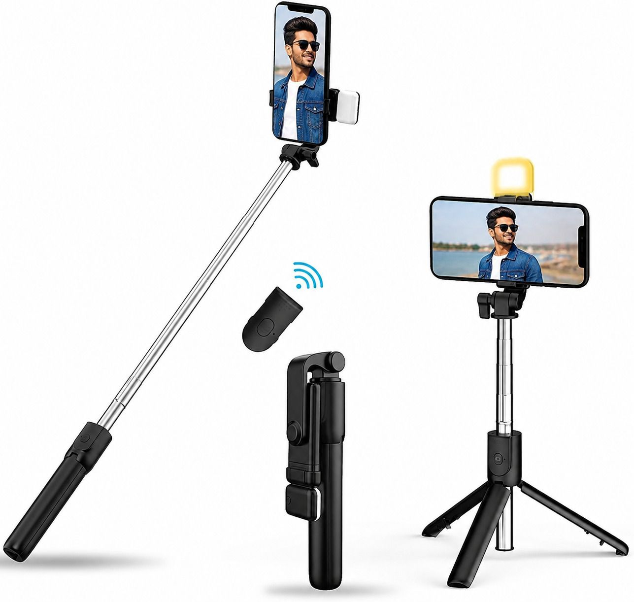 FKSTOREEE Wireless Bluetooth Selfie Stick Tripod with Remote, Extendable Mobile Phone Stand Bluetooth Selfie Stick-image-29