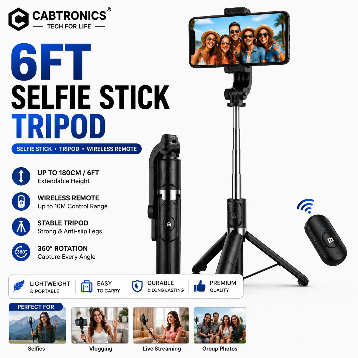 CABTRONICS Extendable Selfie Stick with Tripod Stand, Bluetooth Remote, 360° Rotation Mobile Holder for Selfies, Reels & Video Recording Bluetooth Selfie Stick-image-47